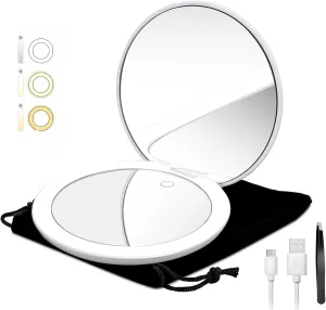 LED Lighted Travel Makeup Mirror, Rechargeable Large 5" 1x/10x Magnifying- Medical Grade LED, 3 Colors Settings & Brightness Adjustable- Portable, Touch Screen, Brighter Light, w/Tweezers (White)