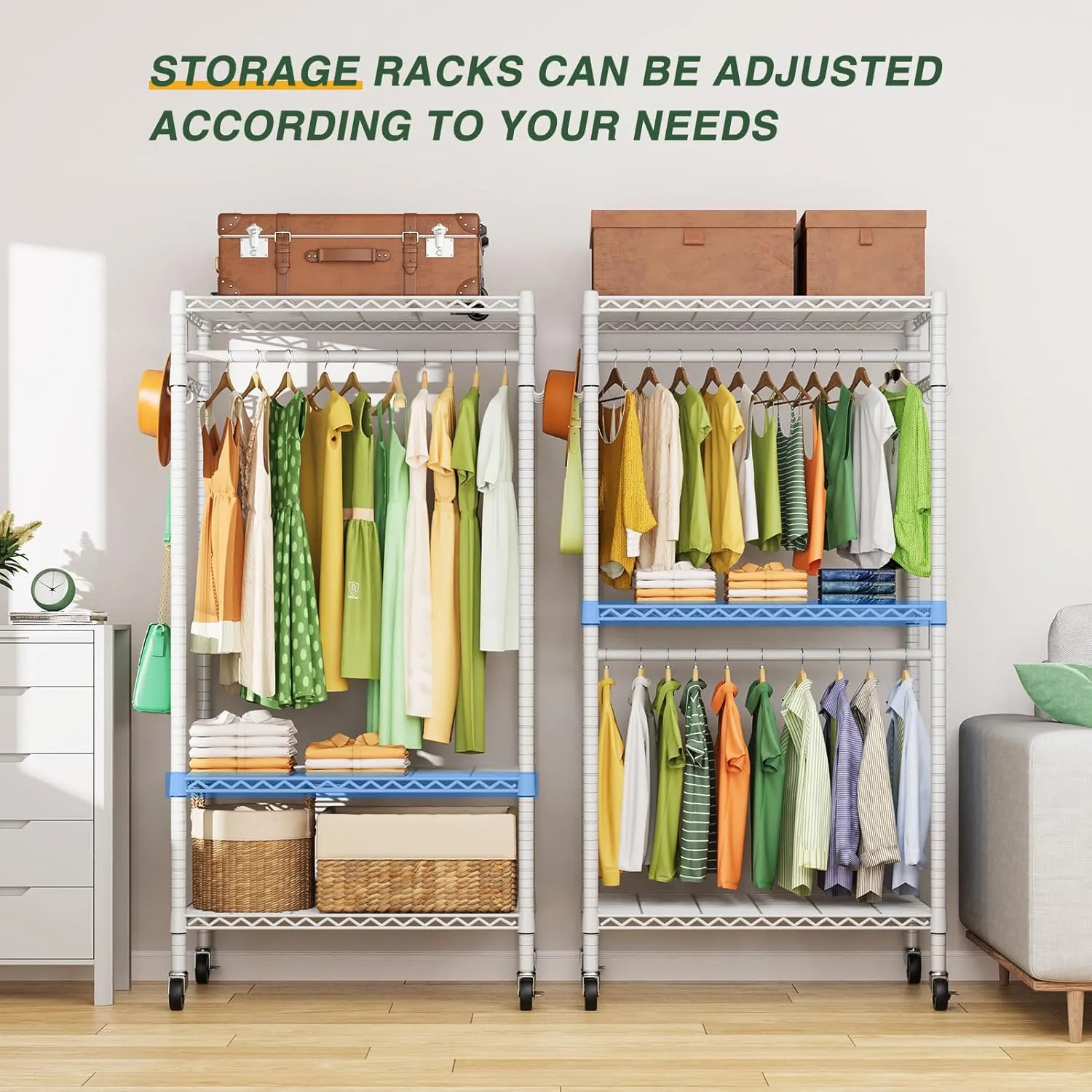 LEHOM G1M Heavy Duty Clothes Rack, 3 Tiers Rolling Garment Rack for Hanging Clothes, Adjustable Wire Clothing Rack with Storage Shelves, Lockable Wheels Freestanding Closet Wardrobe for Bedroom, White