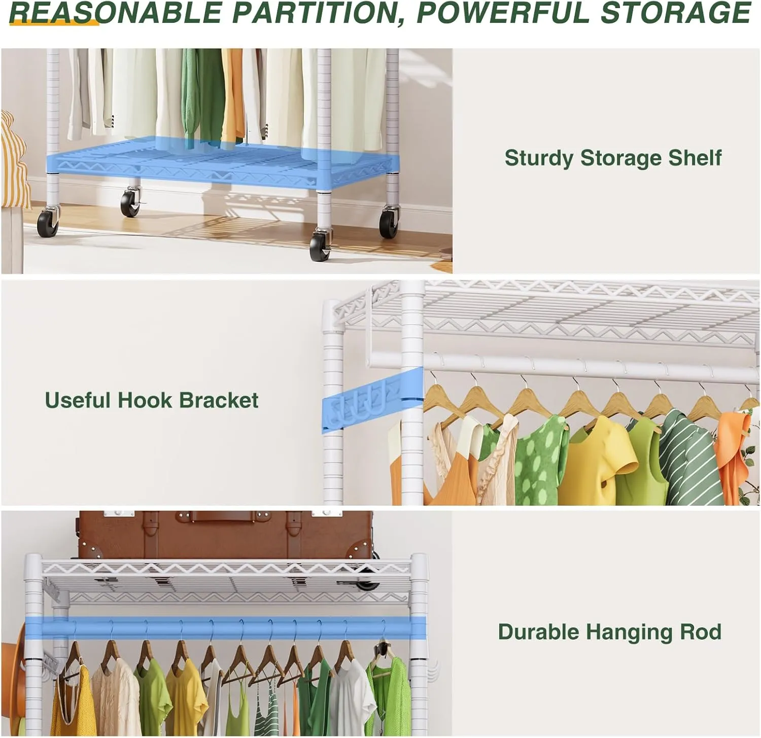 LEHOM G1M Heavy Duty Clothes Rack, 3 Tiers Rolling Garment Rack for Hanging Clothes, Adjustable Wire Clothing Rack with Storage Shelves, Lockable Wheels Freestanding Closet Wardrobe for Bedroom, White