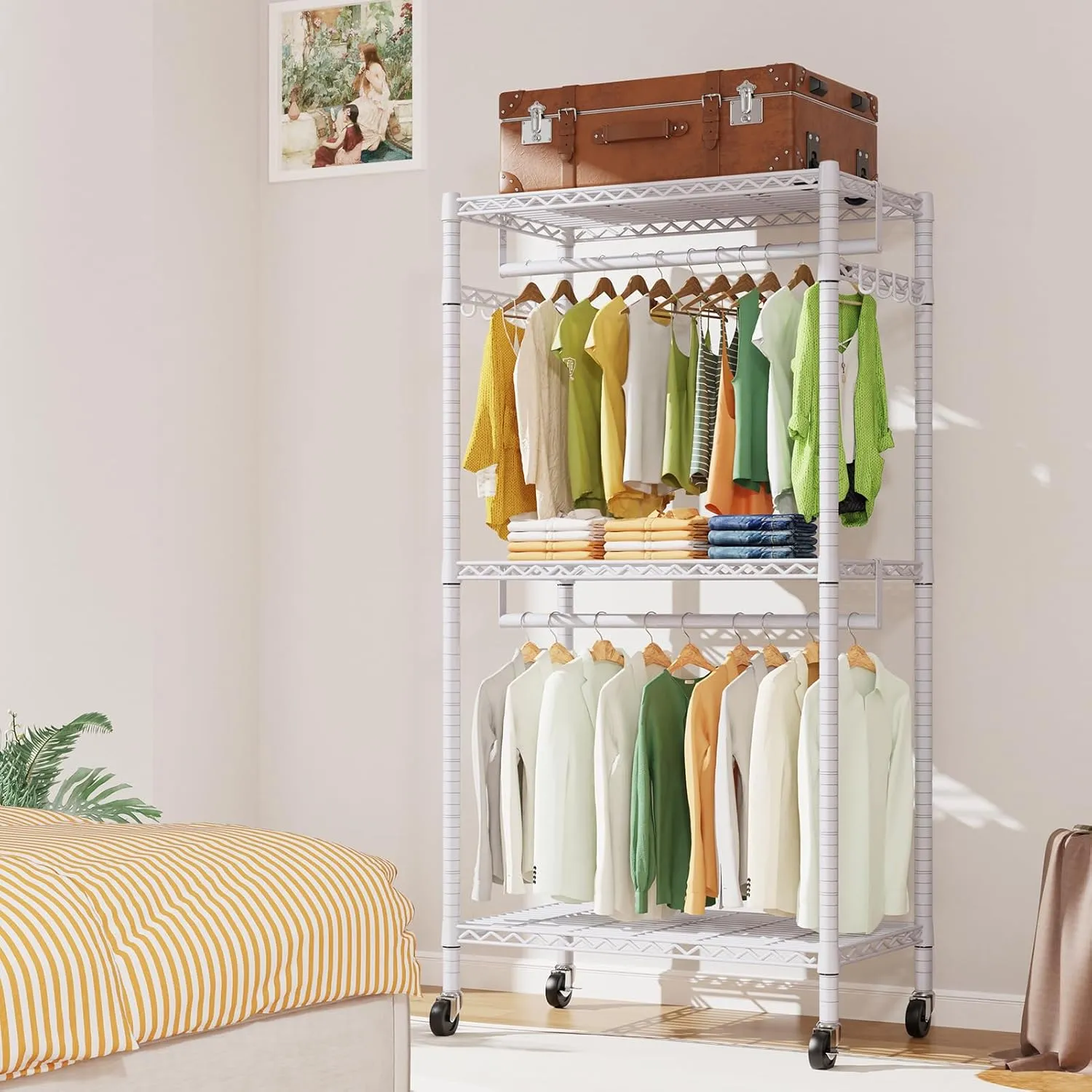 LEHOM G1M Heavy Duty Clothes Rack, 3 Tiers Rolling Garment Rack for Hanging Clothes, Adjustable Wire Clothing Rack with Storage Shelves, Lockable Wheels Freestanding Closet Wardrobe for Bedroom, White
