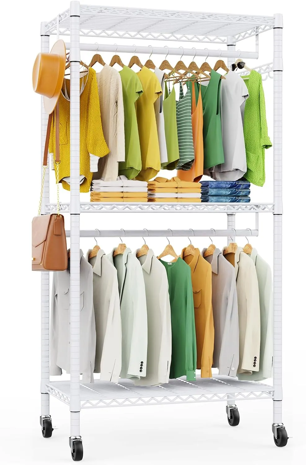 LEHOM G1M Heavy Duty Clothes Rack, 3 Tiers Rolling Garment Rack for Hanging Clothes, Adjustable Wire Clothing Rack with Storage Shelves, Lockable Wheels Freestanding Closet Wardrobe for Bedroom, White