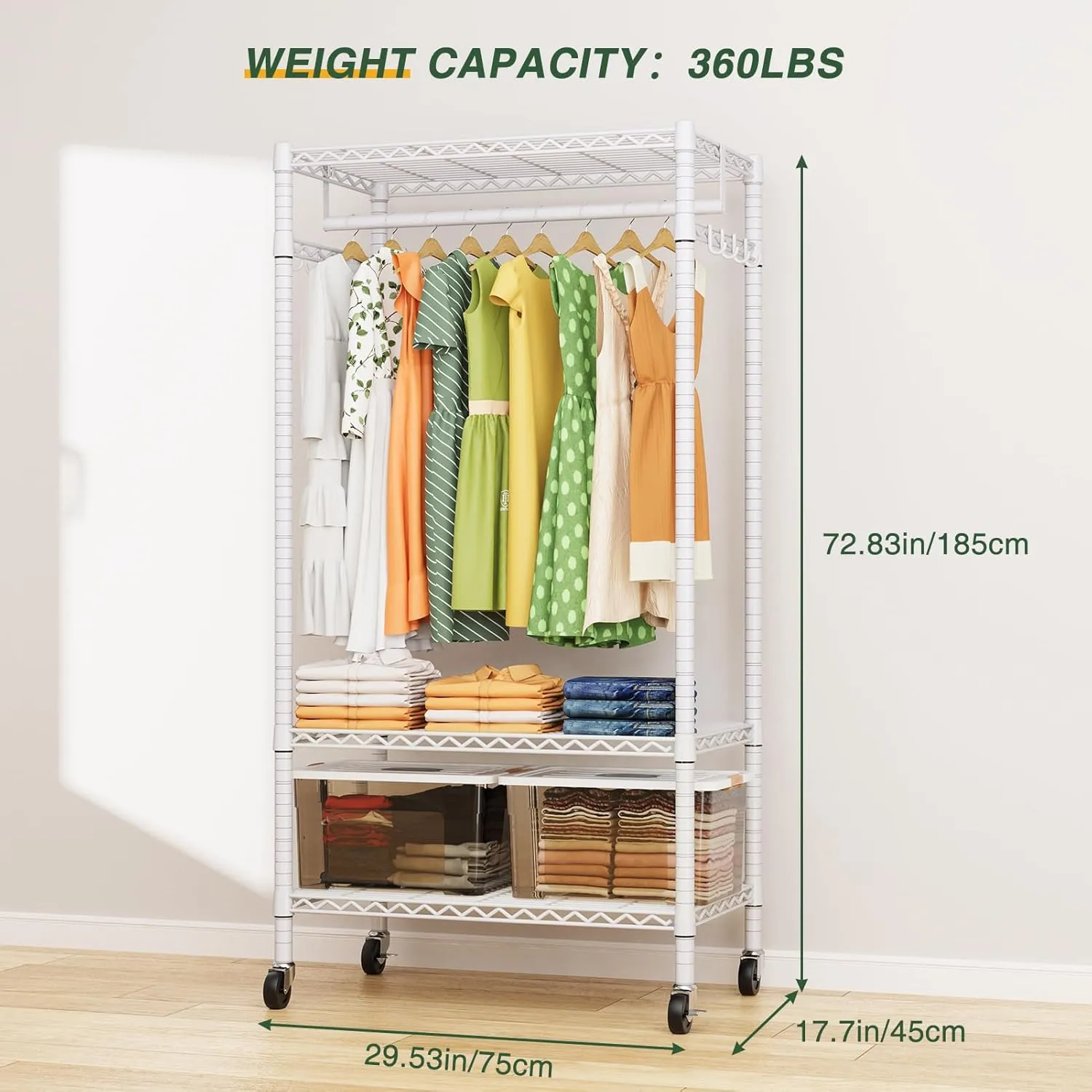 LEHOM G1M Heavy Duty Clothes Rack, 3 Tiers Rolling Garment Rack for Hanging Clothes, Adjustable Wire Clothing Rack with Storage Shelves, Lockable Wheels Freestanding Closet Wardrobe for Bedroom, White
