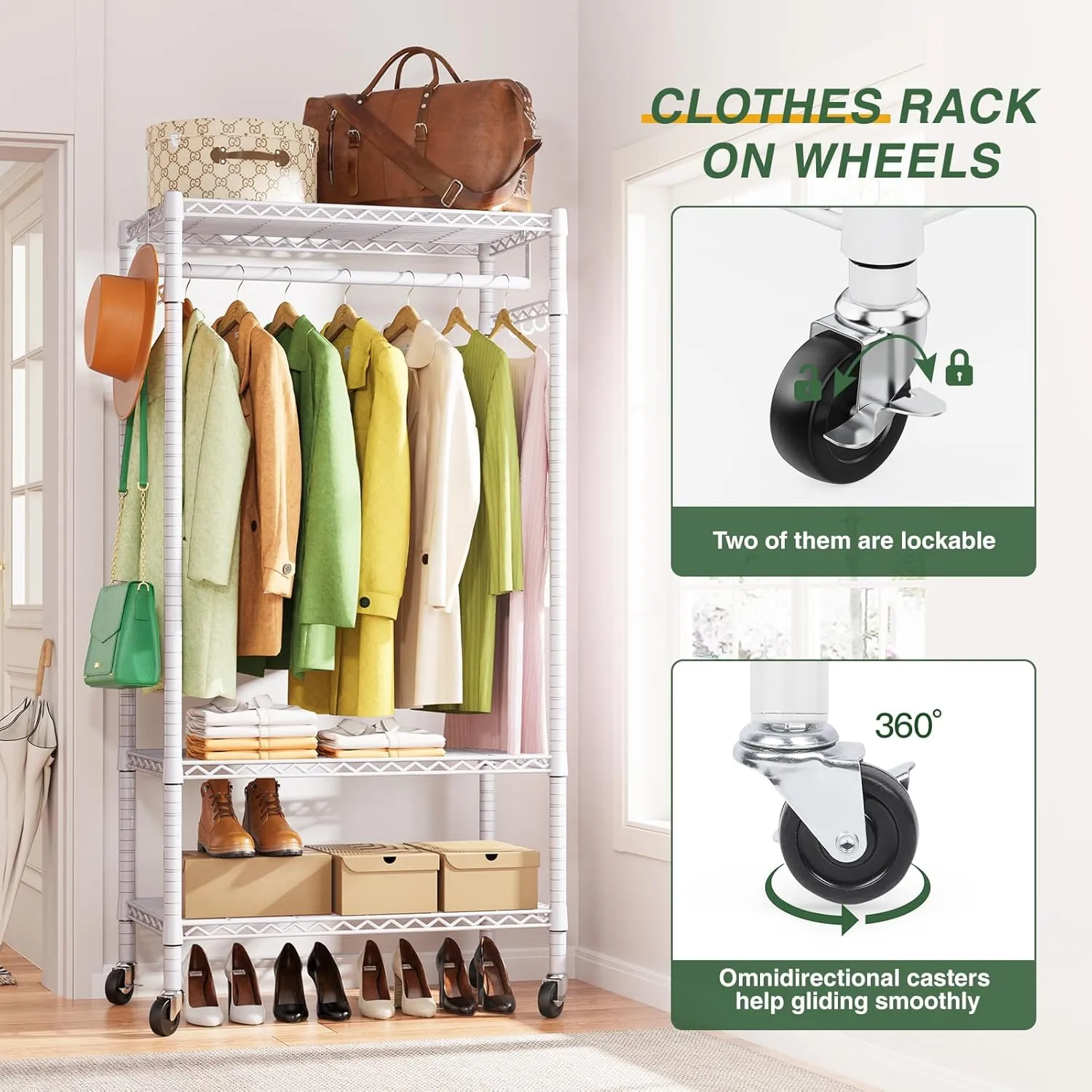 LEHOM G1M Heavy Duty Clothes Rack, 3 Tiers Rolling Garment Rack for Hanging Clothes, Adjustable Wire Clothing Rack with Storage Shelves, Lockable Wheels Freestanding Closet Wardrobe for Bedroom, White