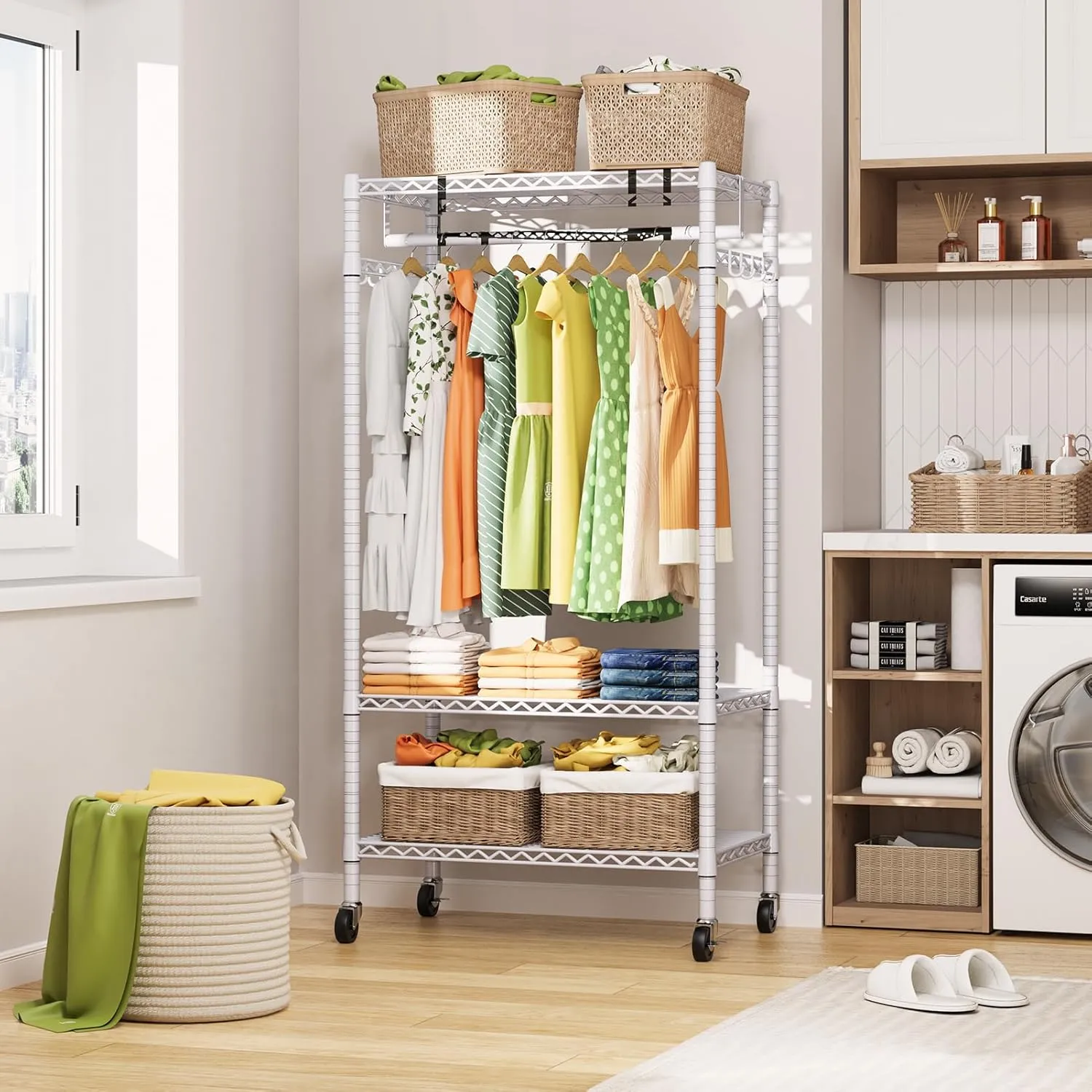LEHOM G1M Heavy Duty Clothes Rack, 3 Tiers Rolling Garment Rack for Hanging Clothes, Adjustable Wire Clothing Rack with Storage Shelves, Lockable Wheels Freestanding Closet Wardrobe for Bedroom, White