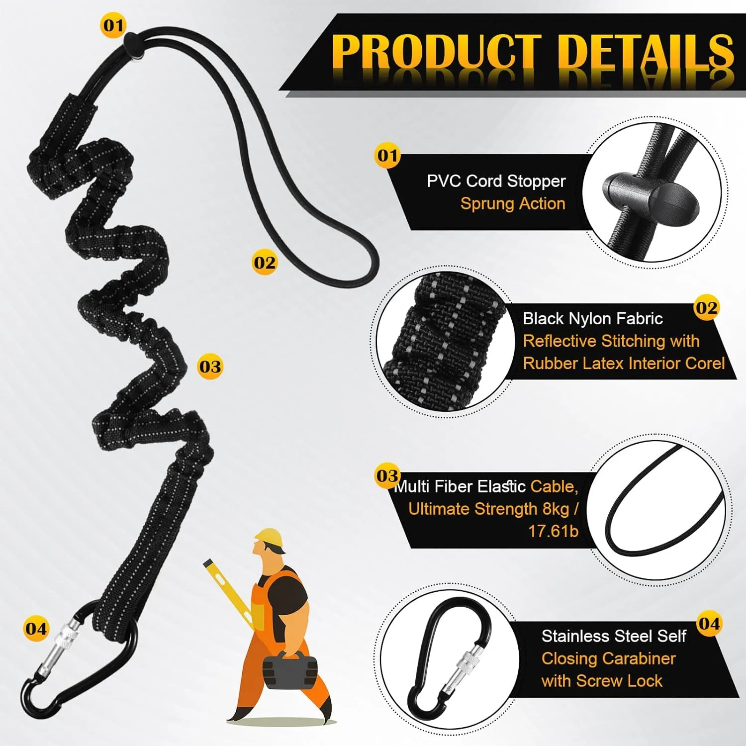 LEIFIDE 16 Pcs Tool Lanyard Standard Length Safety Tool Leash 17.6lb 8kg Tough Adjustable Fall Protection Tether with Aluminum Screw Lock Buckle, Shock Cord Stopper and Retractable Loop End, Black