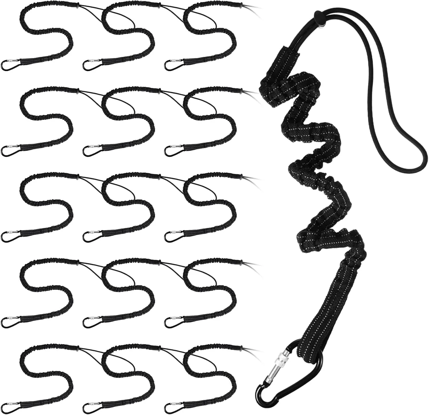 LEIFIDE 16 Pcs Tool Lanyard Standard Length Safety Tool Leash 17.6lb 8kg Tough Adjustable Fall Protection Tether with Aluminum Screw Lock Buckle, Shock Cord Stopper and Retractable Loop End, Black