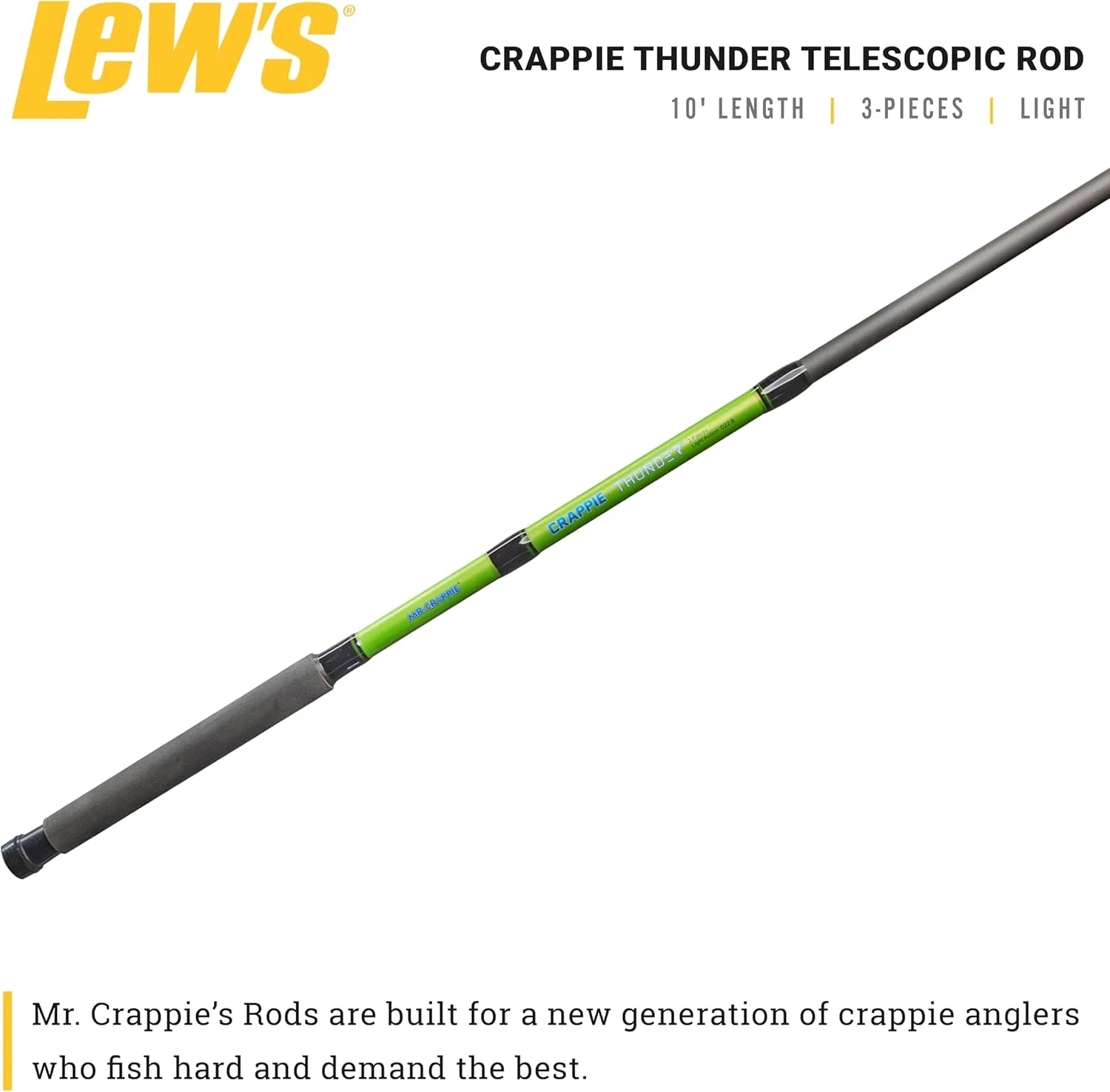 Lew's Crappie Thunder Telescopic Fishing Rod, Light Power, Fast Action, Premium Fiberglass Blank, EVA Foam Handle, Crappie Thunder Green