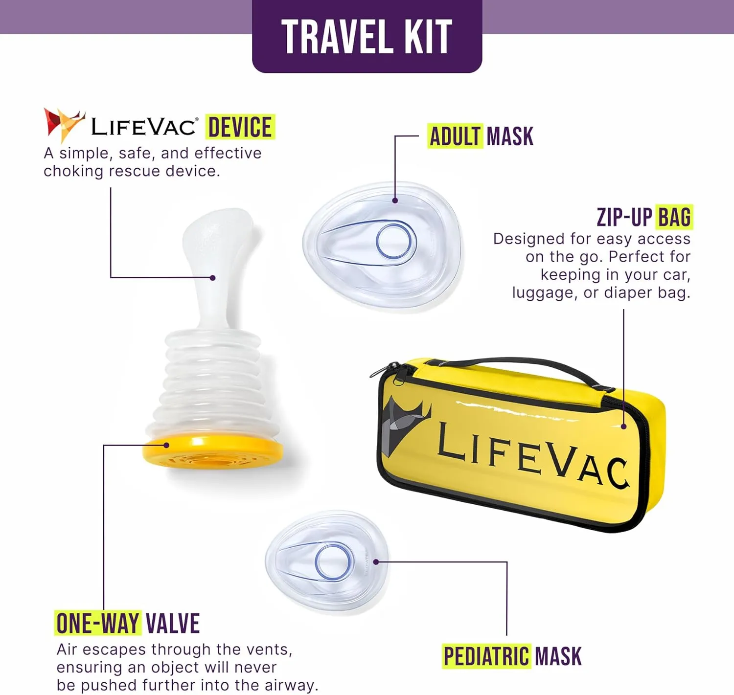 LifeVac Yellow Travel Kit - Portable Suction Rescue Device, First Aid Kit for Kids and Adults, Portable Airway Suction Device for Children and Adults