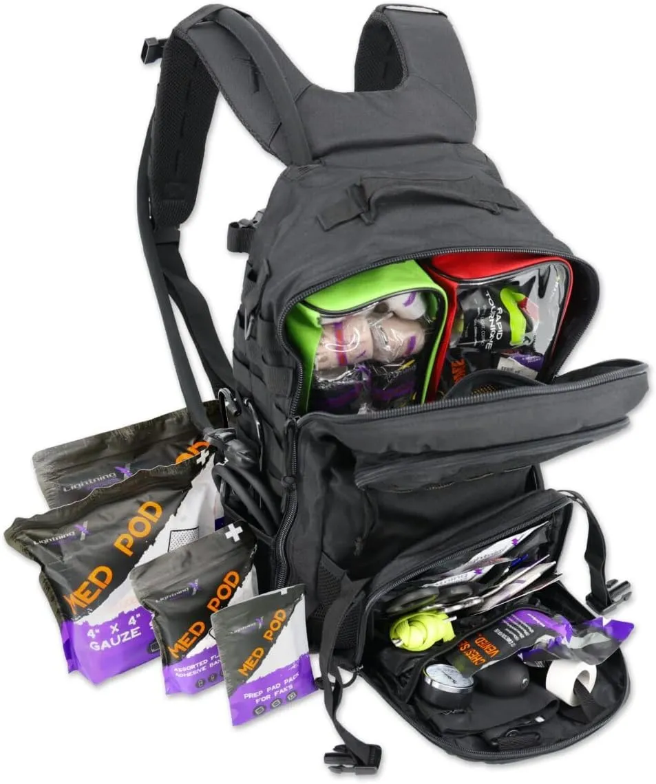 Lightning X Stocked Modular Trauma & Bleeding First Aid Responder Medical Backpack   Kit   Hydration Bladder - BLACK