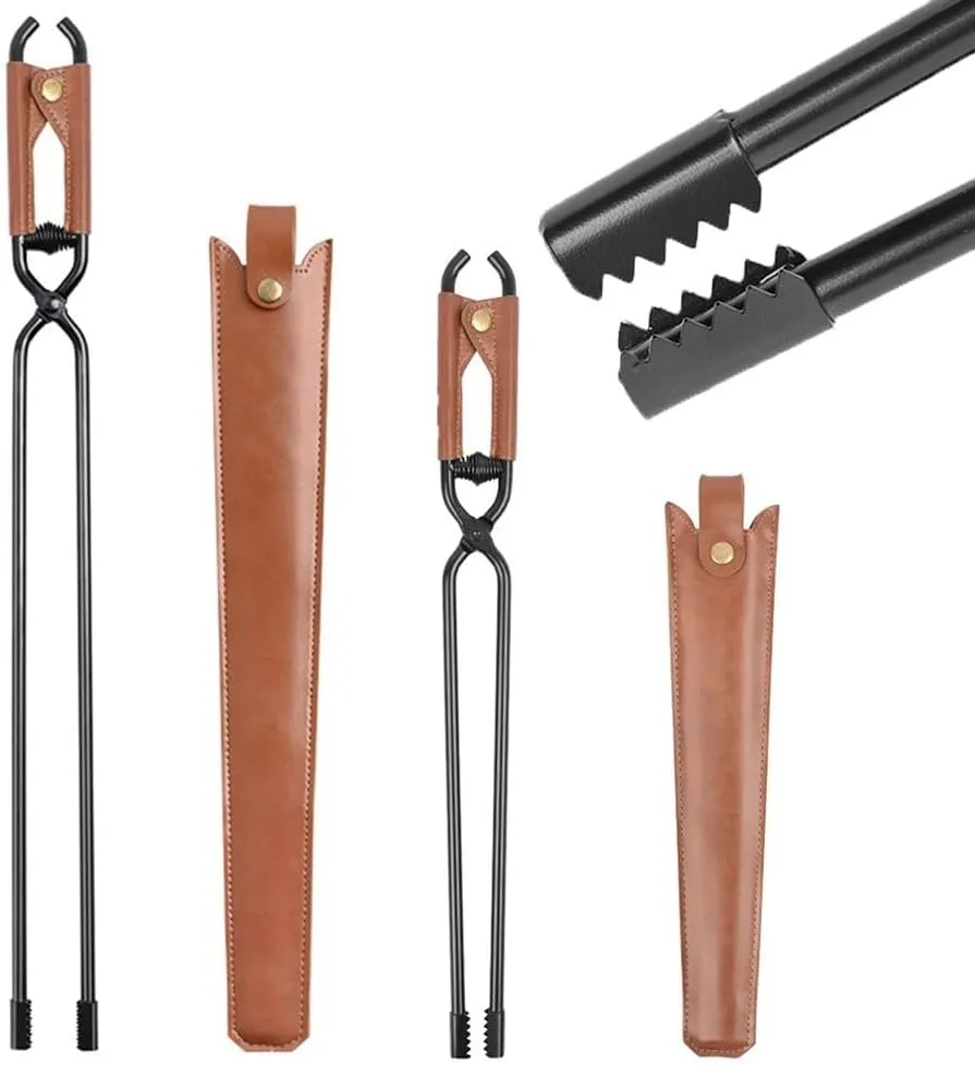 Lightweight Carbon Steel Fire Tongs With Power Assisted Spring Mechanism Essential For Picnic BBQs Outdoor Camping Grilling Portable with Leather case(S)