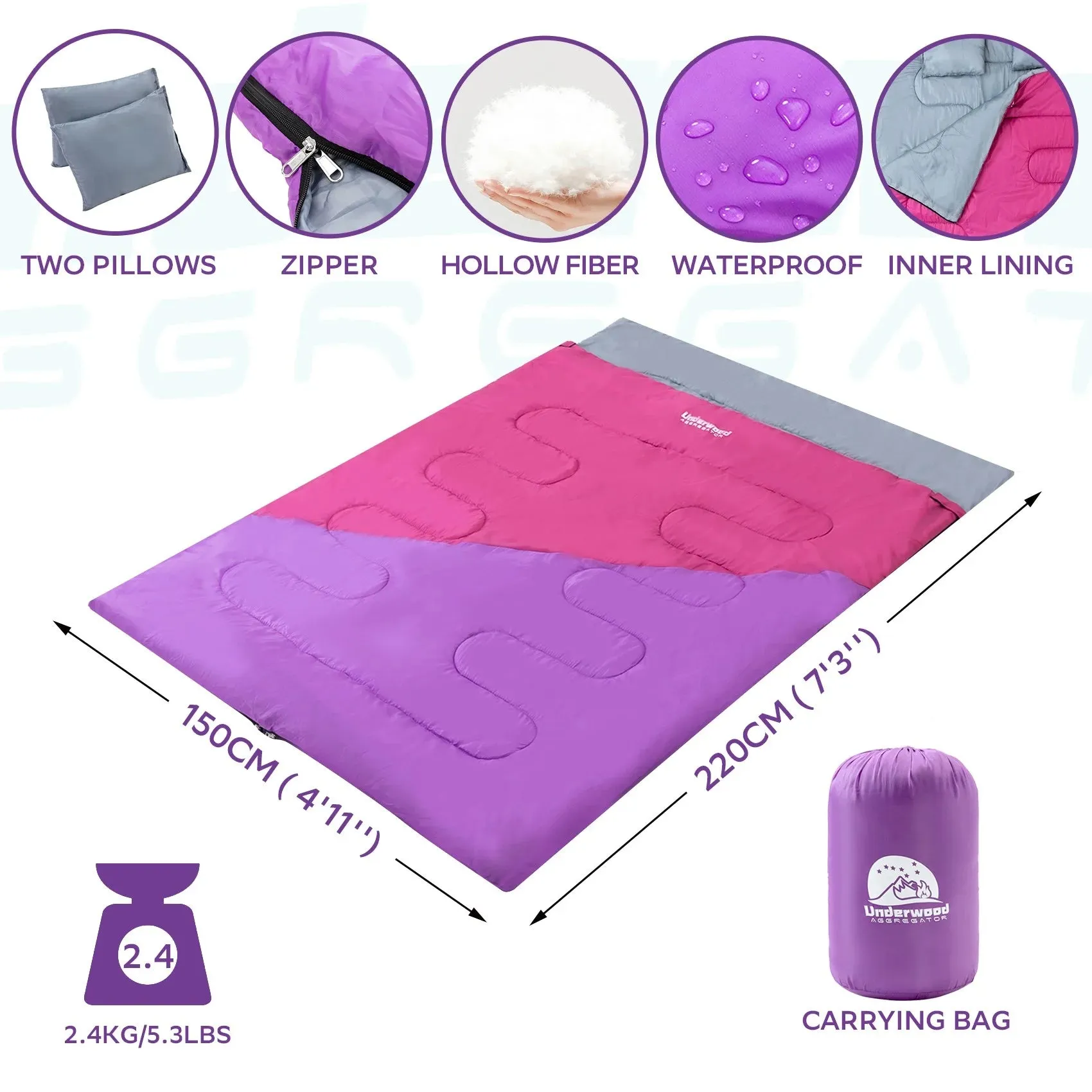 Lightweight Double Sleeping Bag for Adults & Kids - Compact 2-Person Sleeping Bag with Pillow in 4 Stylish Colors