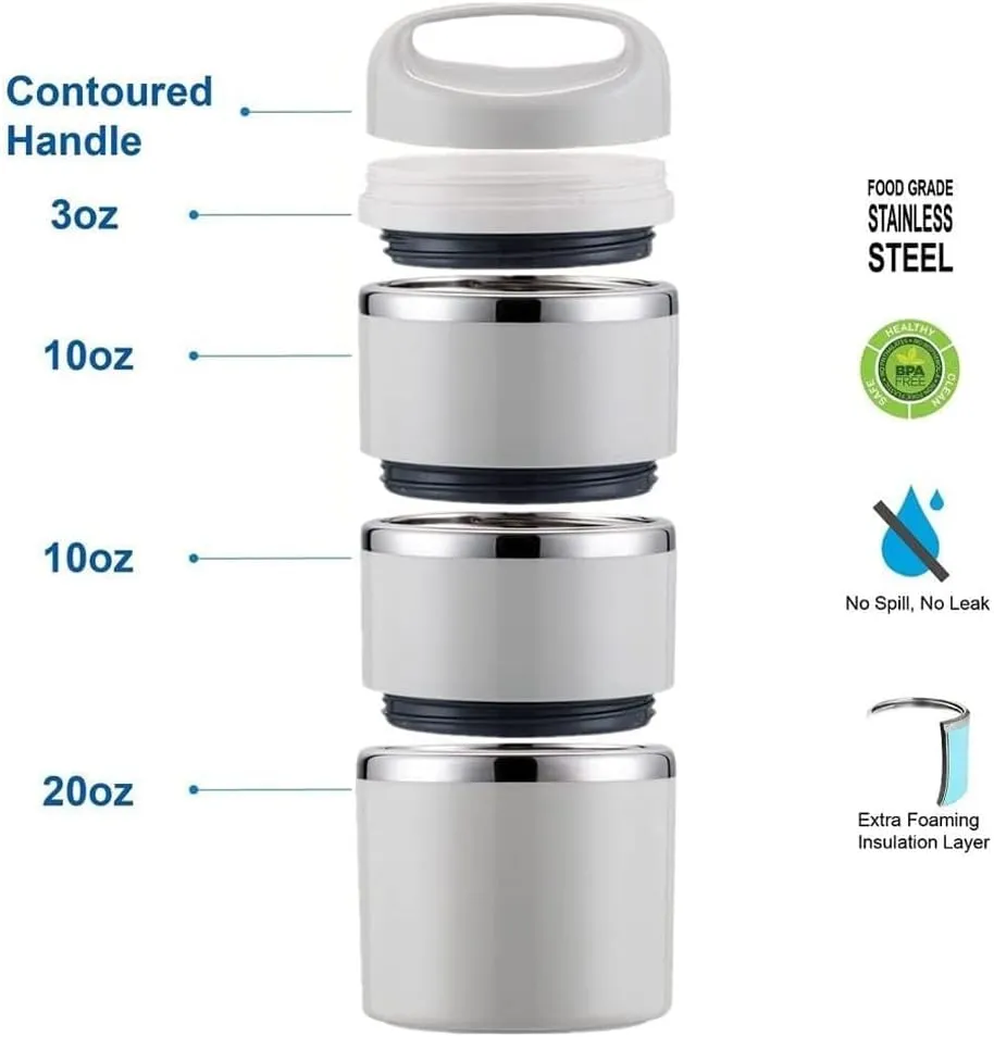 Lille Home Stackable Stainless Steel Thermal Compartment Lunch/Snack Box, 3-Tier Insulated Bento/Food Container with Lunch Bag and Three Extra Seals, 43OZ (Gray)