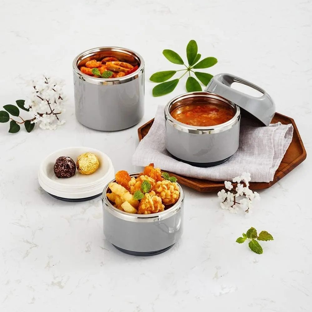 Lille Home Stackable Stainless Steel Thermal Compartment Lunch/Snack Box, 3-Tier Insulated Bento/Food Container with Lunch Bag and Three Extra Seals, 43OZ (Gray)