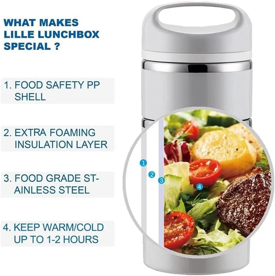 Lille Home Stackable Stainless Steel Thermal Compartment Lunch/Snack Box, 3-Tier Insulated Bento/Food Container with Lunch Bag and Three Extra Seals, 43OZ (Gray)