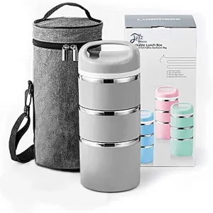 Lille Home Stackable Stainless Steel Thermal Compartment Lunch/Snack Box, 3-Tier Insulated Bento/Food Container with Lunch Bag and Three Extra Seals, 43OZ (Gray)