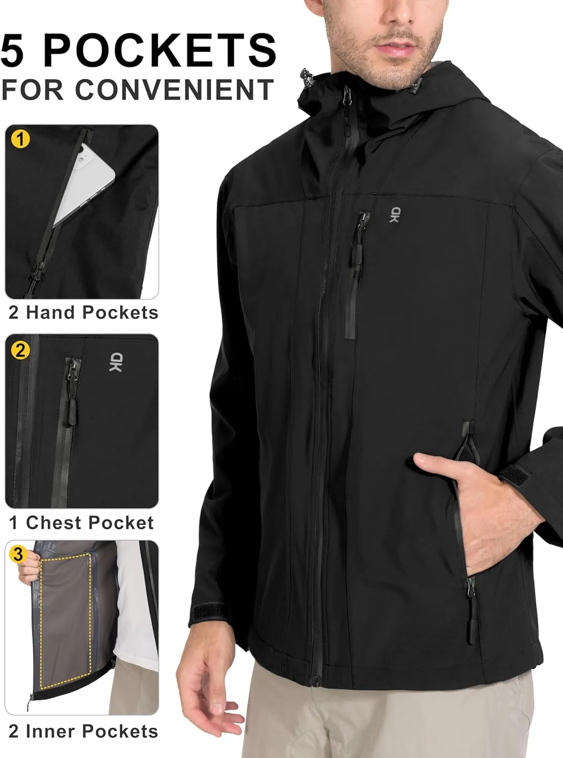 Little Donkey Andy Men's Rain Hiking Jackets Waterproof Windproof Breathable Shell Coats Travel Fishing