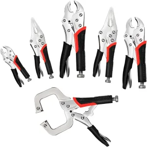 Locking Pliers Set, 6-Piece Vice Grips Pliers Set Long Nose 6-1/2”, 9-1/2” Curved Jaw 5” 7” 10” C-Clamp 6” Adjustable Screw