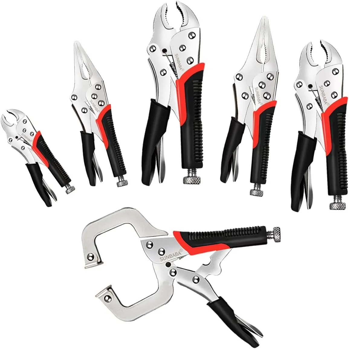 Locking Pliers Set, 6-Piece Vice Grips Pliers Set Long Nose 6-1/2”, 9-1/2” Curved Jaw 5” 7” 10” C-Clamp 6” Adjustable Screw
