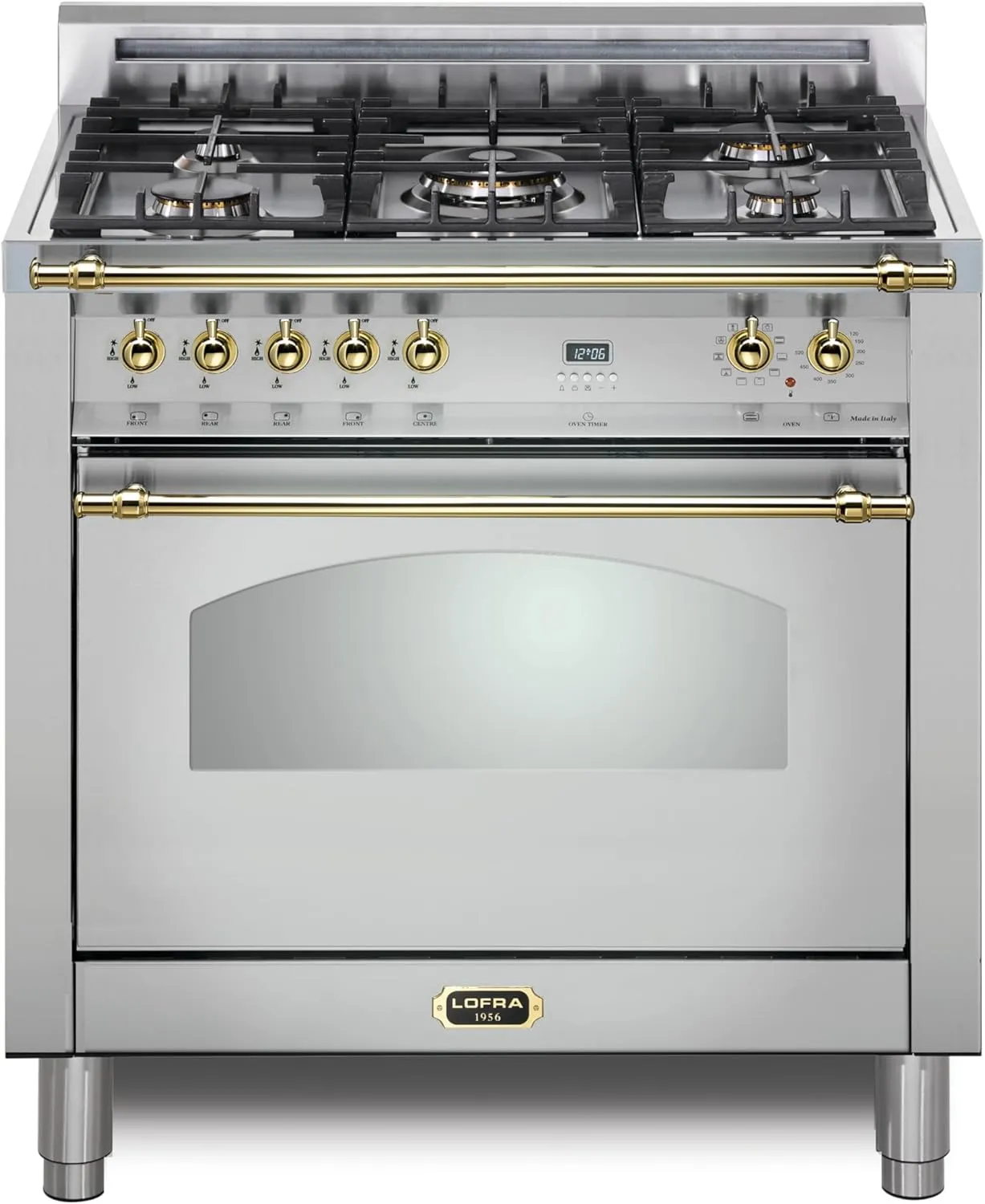 Lofra DolceVita Series 30 Inch Freestanding Dual Fuel Range Oven Stove, Cooktop 5 Sealed Brass Burners, Convection, 9 Cooking Modes, Stainless Steel, Knobs and Handrail In Brass