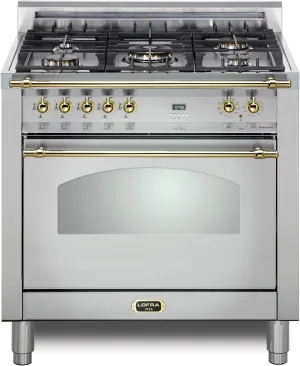 Lofra DolceVita Series 30 Inch Freestanding Dual Fuel Range Oven Stove, Cooktop 5 Sealed Brass Burners, Convection, 9 Cooking Modes, Stainless Steel, Knobs and Handrail In Brass
