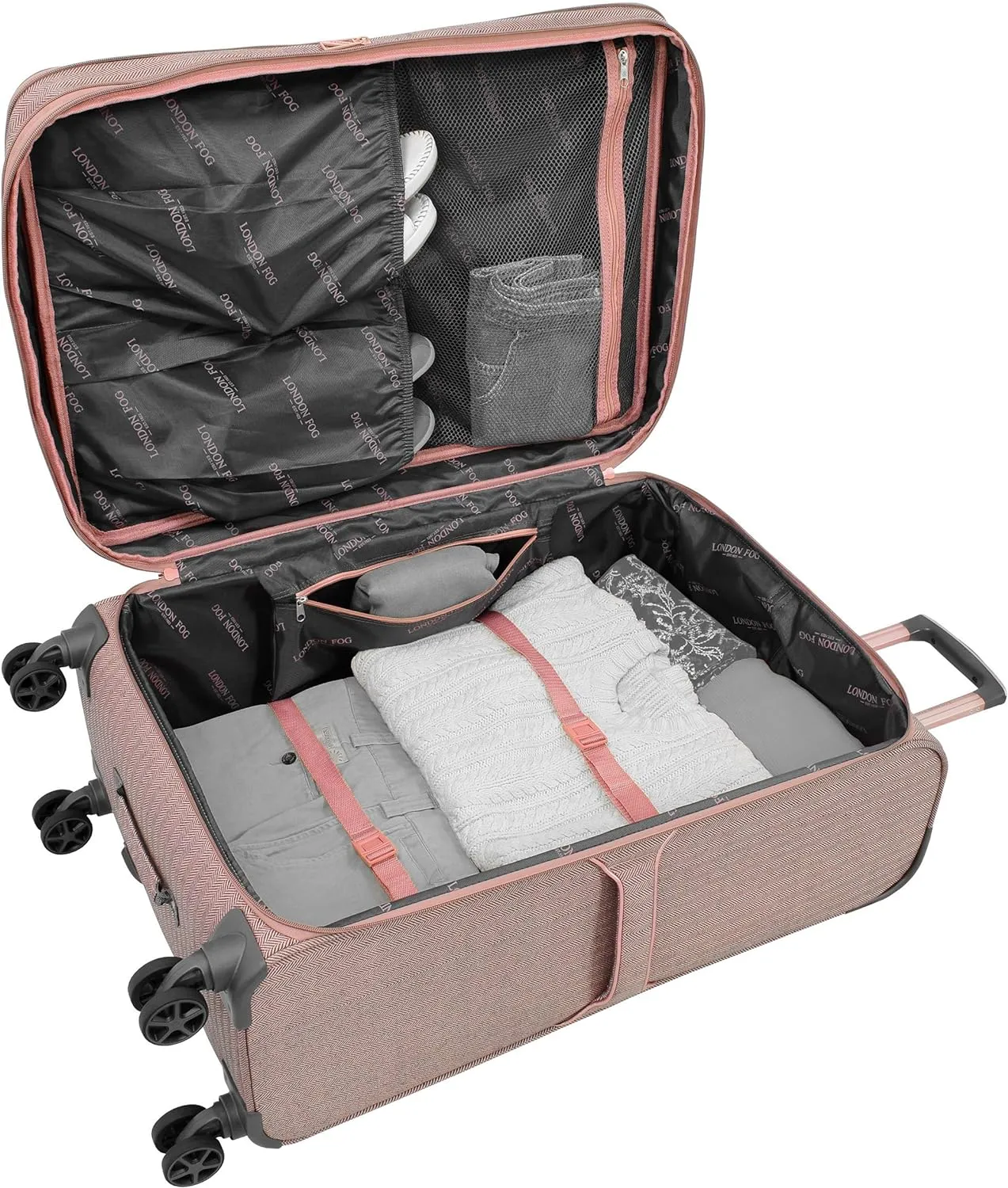 LONDON FOG Newcastle Softside Expandable Spinner Luggage, Rose Charcoal Herringbone, Carry-On 20-Inch