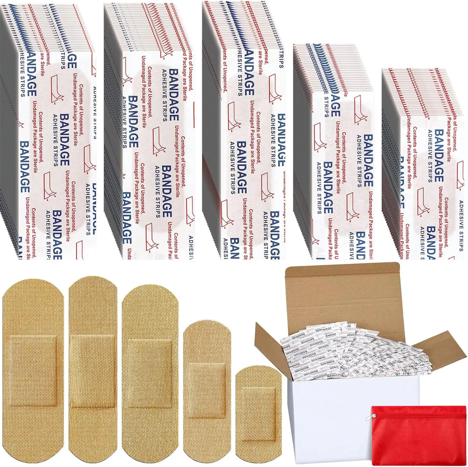 Lounsweer 1000 Pcs Fabric Adhesive Bandages Variety Pack Bulk Assorted Sizes Flexible Breathable Patch Fabric Bandages for Family First Aid Skin Wrap Finger Wound, Natural