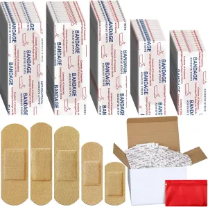 Lounsweer 1000 Pcs Fabric Adhesive Bandages Variety Pack Bulk Assorted Sizes Flexible Breathable Patch Fabric Bandages for Family First Aid Skin Wrap Finger Wound, Natural