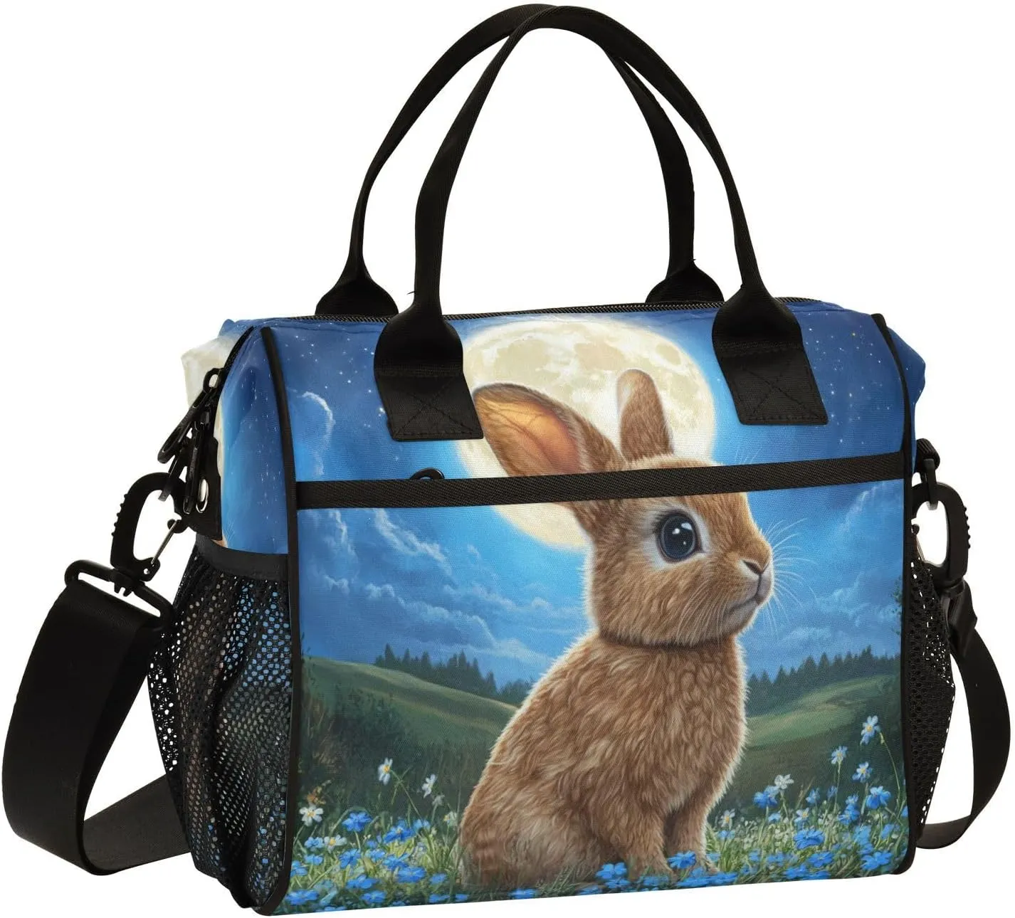 Lunch Bag for Women, Insulated Lunch Box Women with Adjustable Shoulder Strap, Reusable Lunch Tote Bag for work Picnic Hiking-M（Lawn Brown Rabbit）