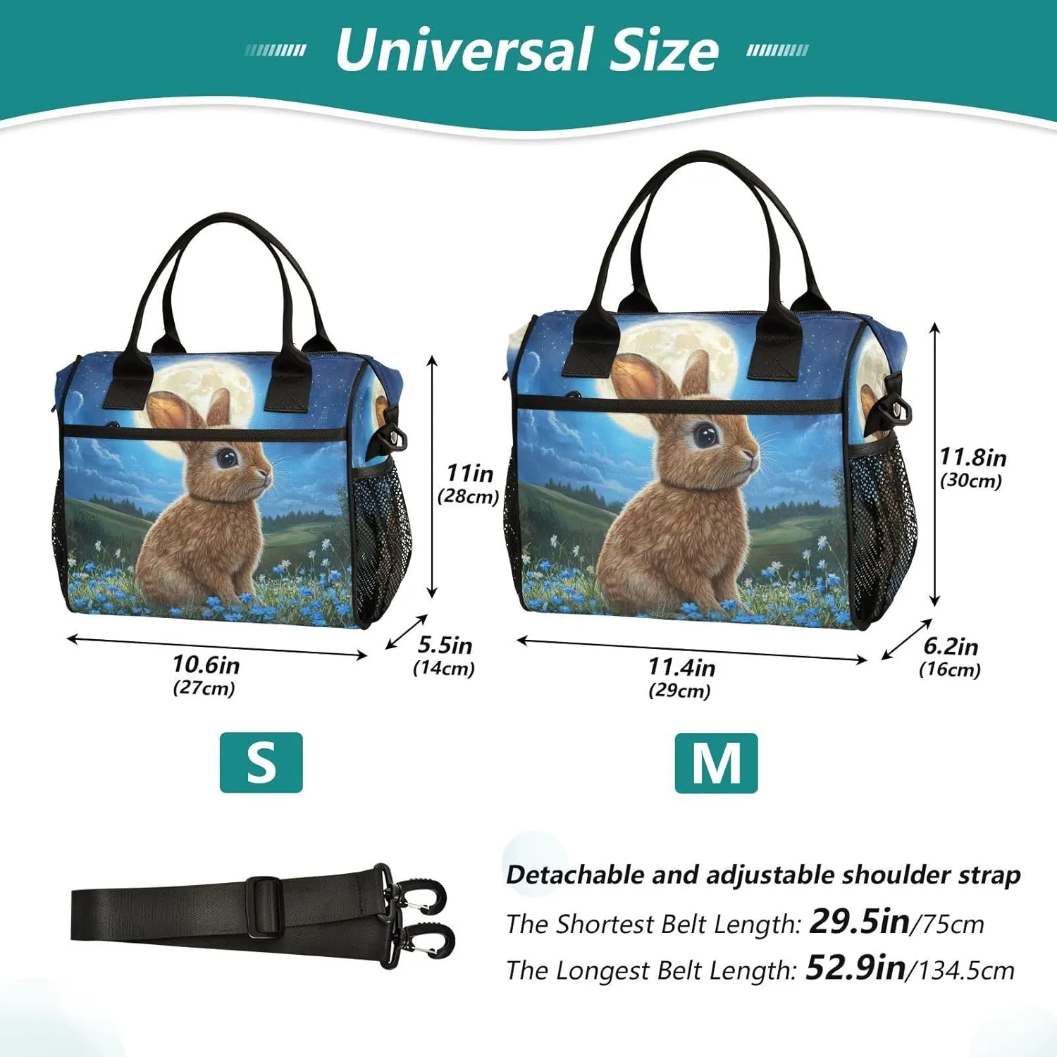 Lunch Bag for Women, Insulated Lunch Box Women with Adjustable Shoulder Strap, Reusable Lunch Tote Bag for work Picnic Hiking-M（Lawn Brown Rabbit）