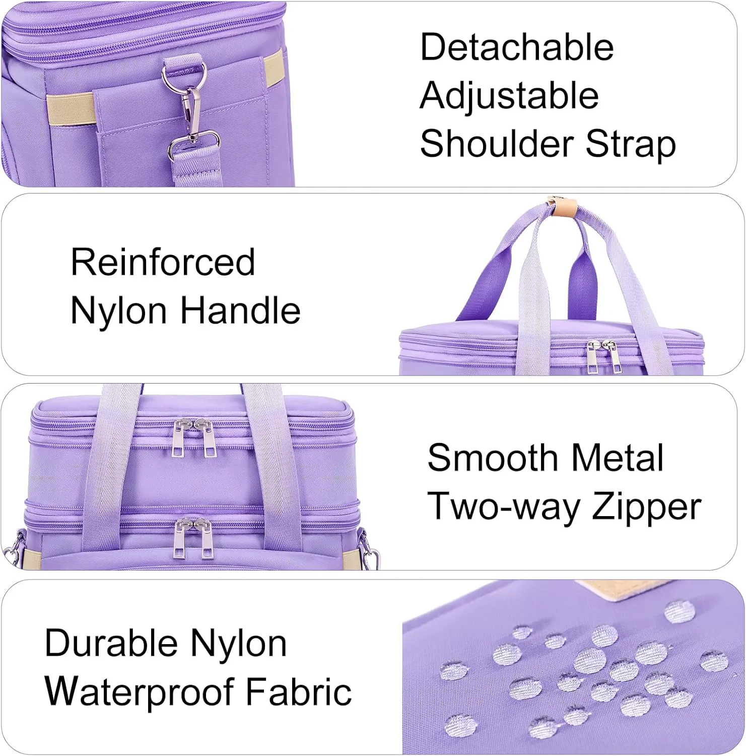 Lunch Box for Men Women - Double Deck Insulated Lunch Bag, Large Leak Proof Tote Cooler, Wide Open Dual Compartment Lunch Bags with Shoulder Strap, For Work Picnic Hiking Beach, Purple