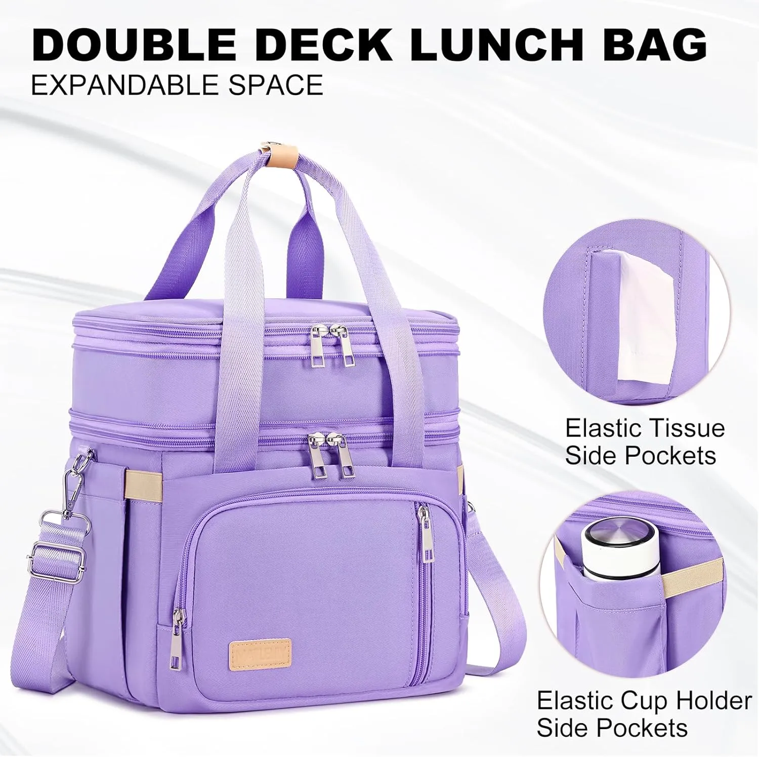Lunch Box for Men Women - Double Deck Insulated Lunch Bag, Large Leak Proof Tote Cooler, Wide Open Dual Compartment Lunch Bags with Shoulder Strap, For Work Picnic Hiking Beach, Purple