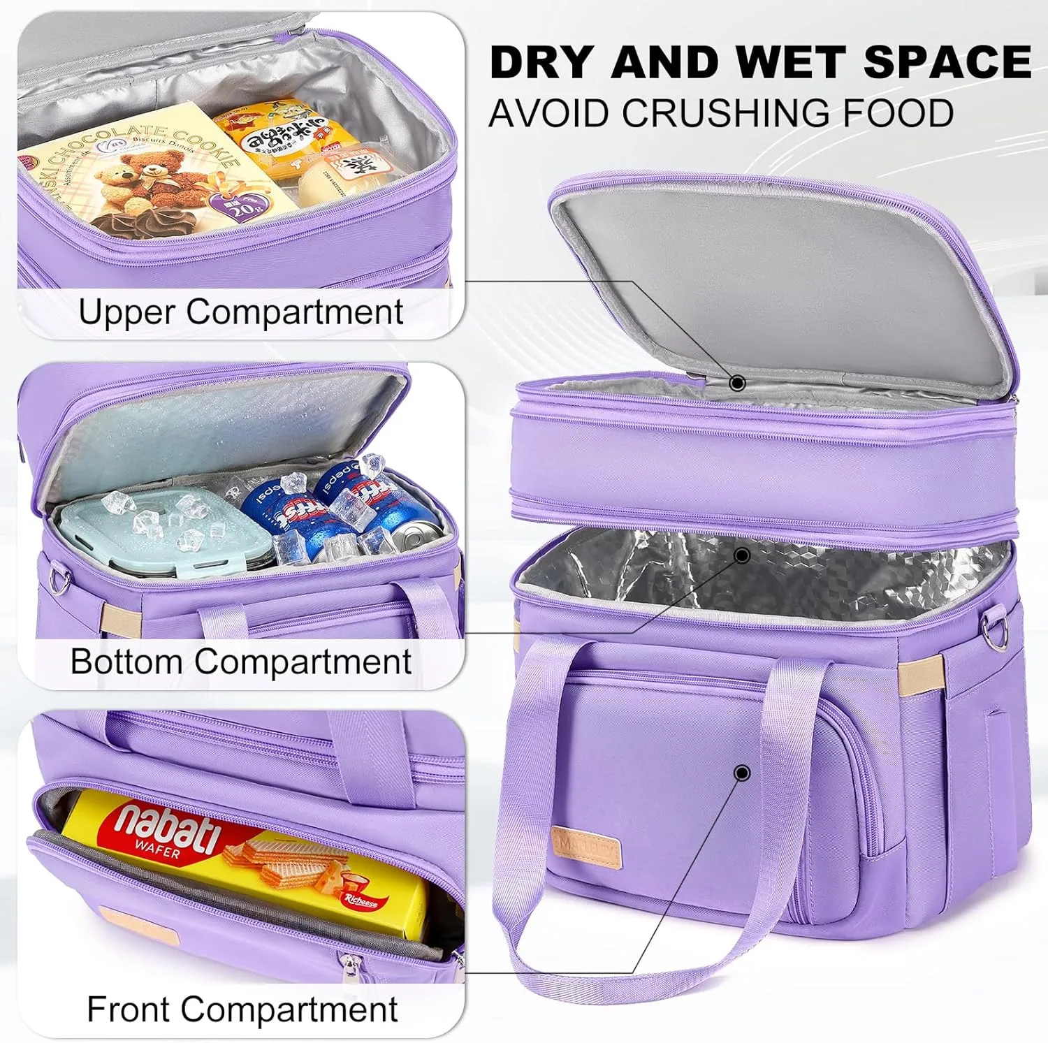Lunch Box for Men Women - Double Deck Insulated Lunch Bag, Large Leak Proof Tote Cooler, Wide Open Dual Compartment Lunch Bags with Shoulder Strap, For Work Picnic Hiking Beach, Purple
