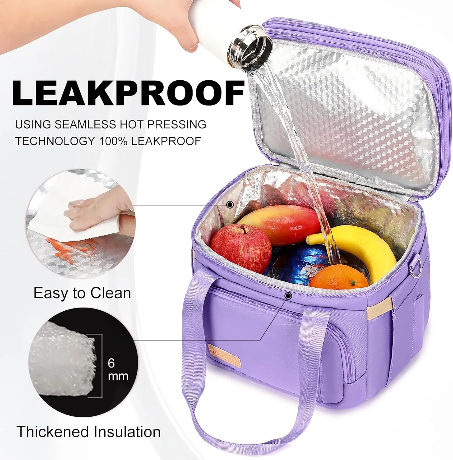 Lunch Box for Men Women - Double Deck Insulated Lunch Bag, Large Leak Proof Tote Cooler, Wide Open Dual Compartment Lunch Bags with Shoulder Strap, For Work Picnic Hiking Beach, Purple