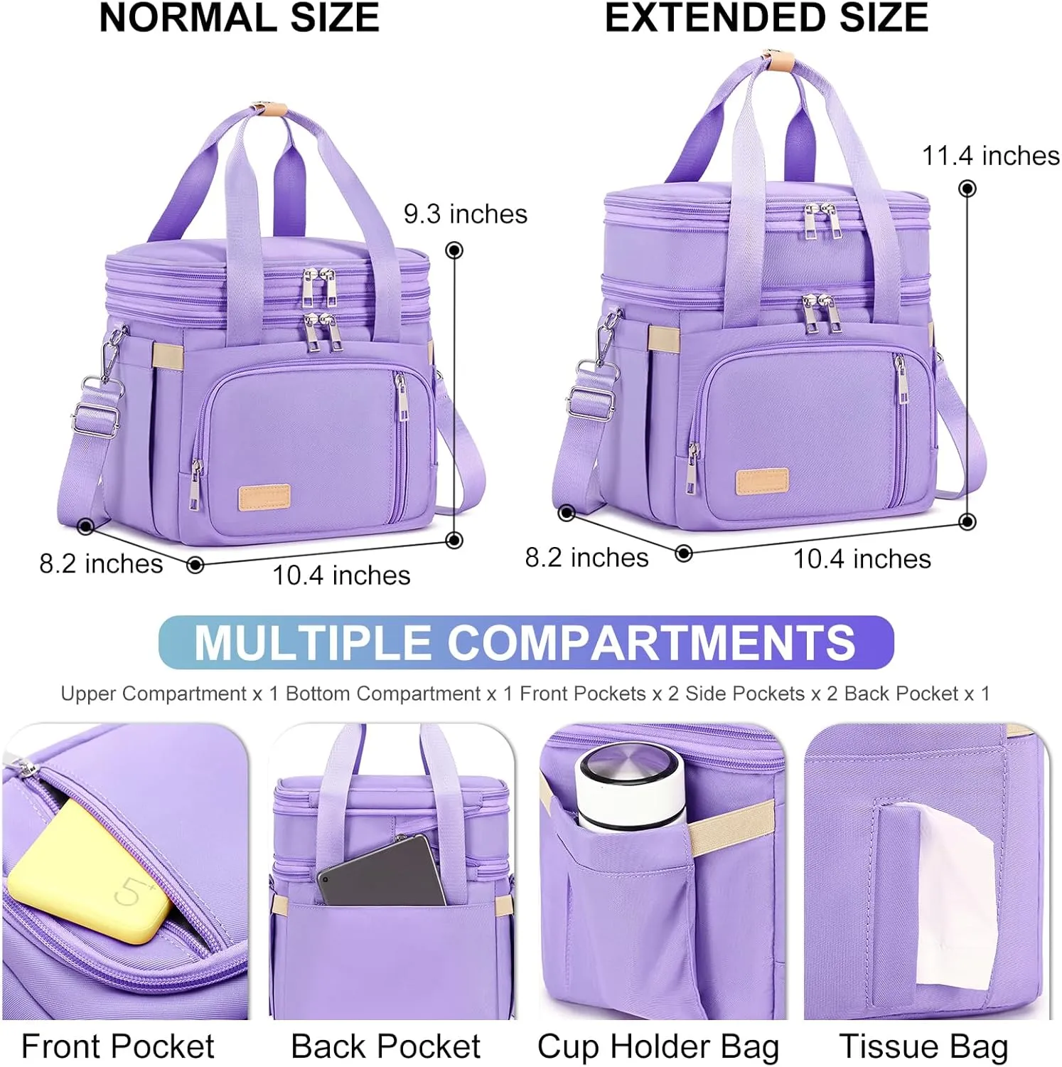 Lunch Box for Men Women - Double Deck Insulated Lunch Bag, Large Leak Proof Tote Cooler, Wide Open Dual Compartment Lunch Bags with Shoulder Strap, For Work Picnic Hiking Beach, Purple