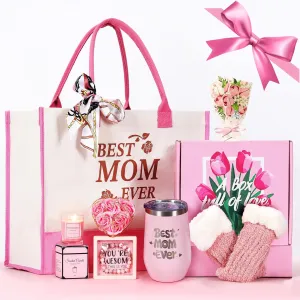 Mabel Swgglo Mothers Day Gift Set for Mom,Best Present with Premium Box,Tote Bag,Insulated Tumbler,Scented Candle,Decorative Soap Rose,Fuzzy Socks,Stone Bracelet,Greeting Card