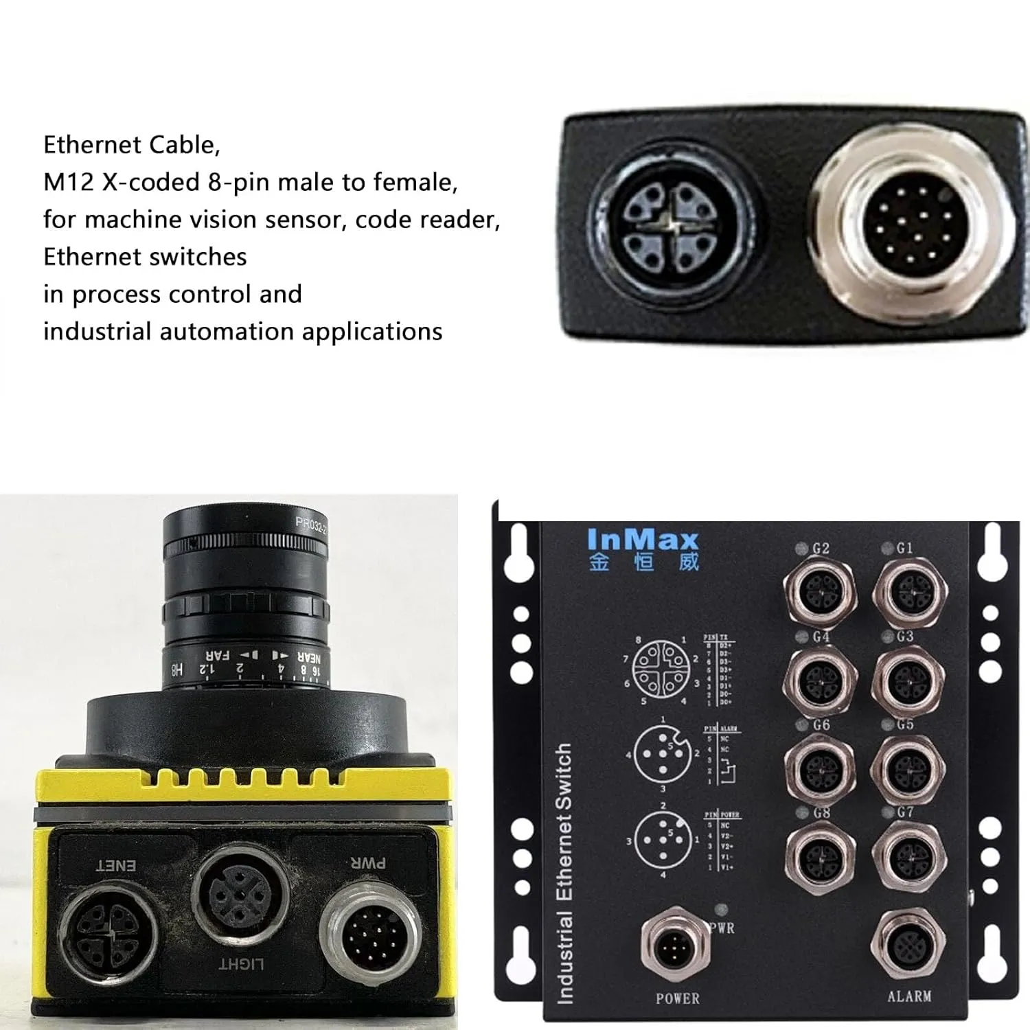 Machine Vision Sensor Barcode Reader Automation Ethernet Network Adapter Cable, M12 8 Pin X-Coded Male to 8-Pole X-Coding Female for Basler Cognex Kathrein Keyence Baumer Datalogic 1M