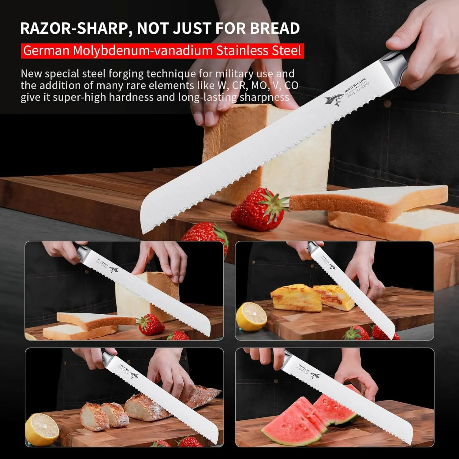 MAD SHARK Bread Knife 8 Inch Pro Serrated Bread Cutter,German High Carbon Stainless Steel Cake Knife with Ergonomic Handle, Ultra Sharp Baker's Knife