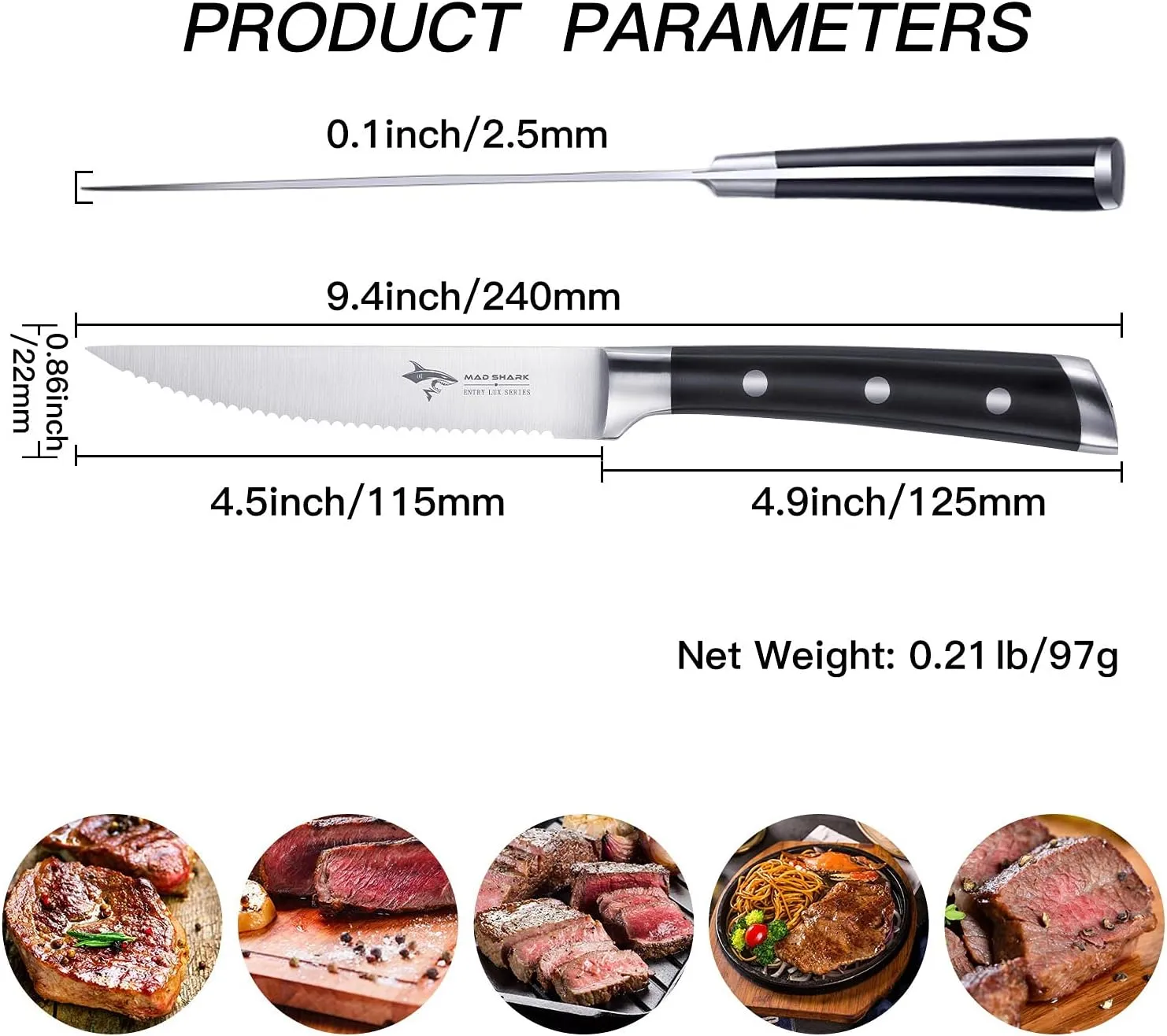 MAD SHARK Steak Knives Set of 4, Premium 4.5-inch Serrated Steak Knife Set, Ultra Sharp German High Carbon Stainless Steel Triple Rivet Collection 4-Piece Kitchen Steak Knife Set with Gift Box