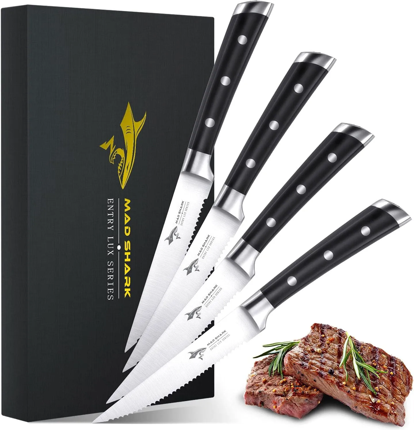 MAD SHARK Steak Knives Set of 4, Premium 4.5-inch Serrated Steak Knife Set, Ultra Sharp German High Carbon Stainless Steel Triple Rivet Collection 4-Piece Kitchen Steak Knife Set with Gift Box