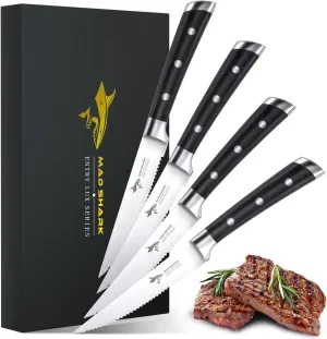MAD SHARK Steak Knives Set of 4, Premium 4.5-inch Serrated Steak Knife Set, Ultra Sharp German High Carbon Stainless Steel Triple Rivet Collection 4-Piece Kitchen Steak Knife Set with Gift Box