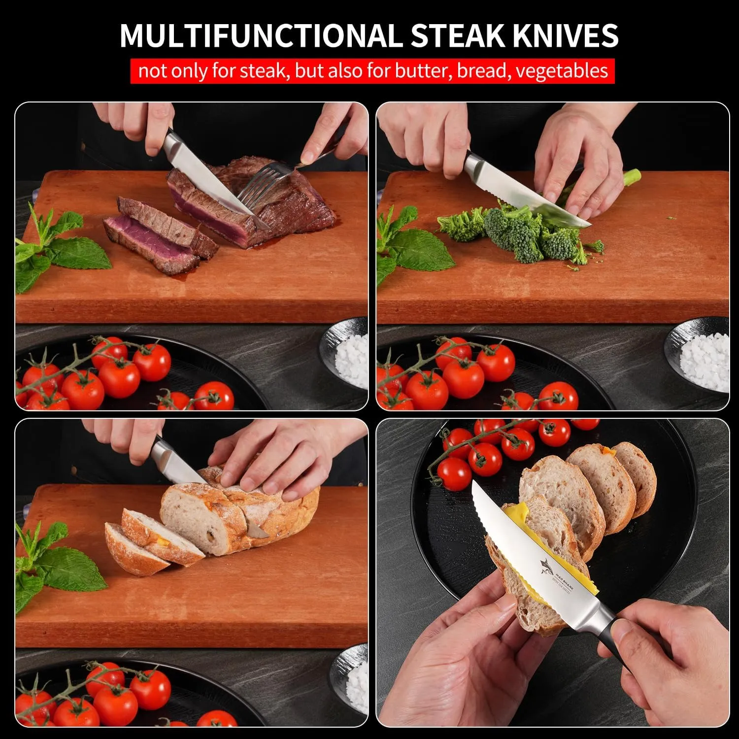 MAD SHARK Steak Knives Set of 4, Premium 4.5-inch Serrated Steak Knife Set, Ultra Sharp German High Carbon Stainless Steel Triple Rivet Collection 4-Piece Kitchen Steak Knife Set with Gift Box
