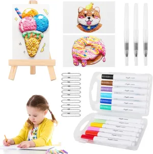 Magic Foam Texture Painting Kit, Magical 3D Effect Texture Painting Kit, Including 10 PCS Foam Texture Paper, 12 Colors Brush Tip Acrylic Paint Markers, Fountain Pen(L,M,S),10 Bead Chains, Mini Easel