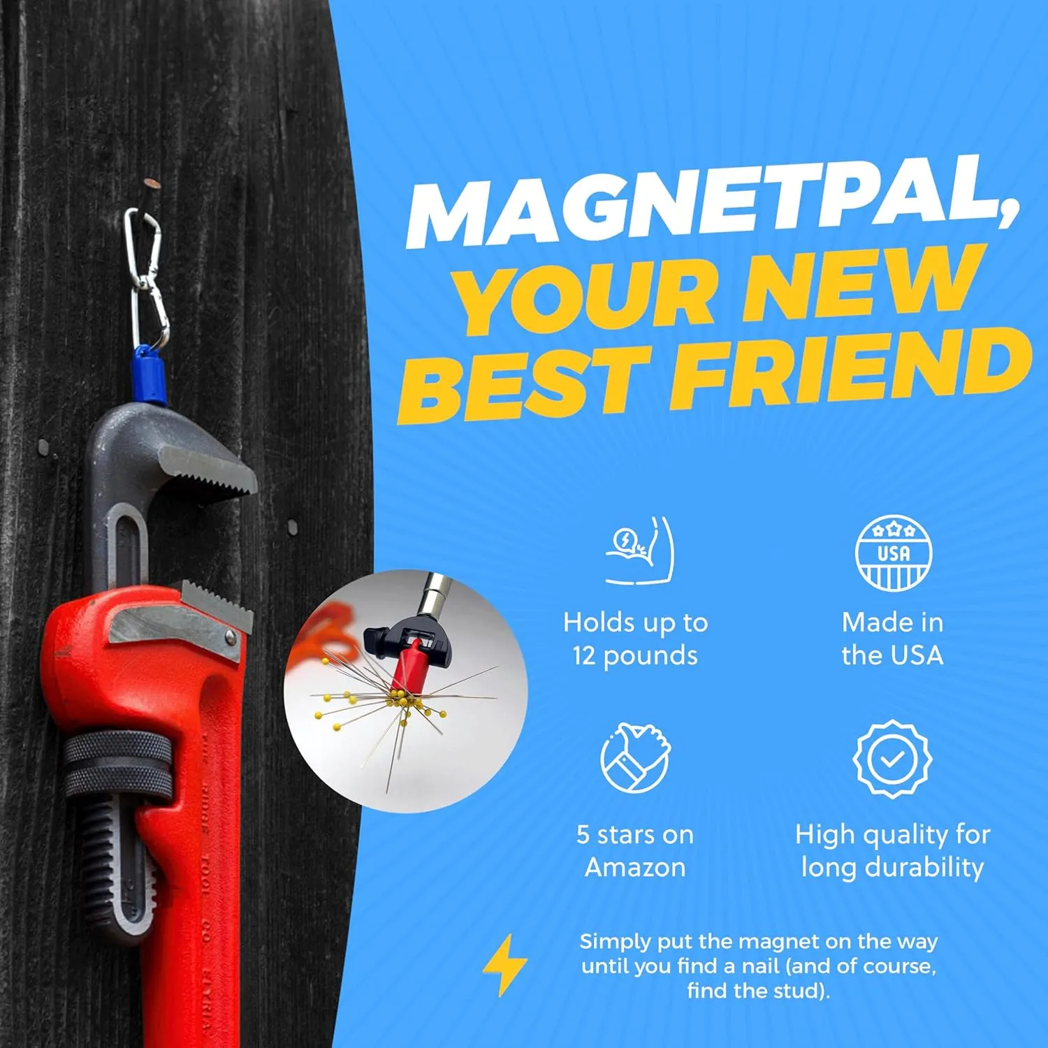 MagnetPal 3 pack Heavy-Duty Neodymium Anti-Rust Magnet, Best for Magnetic Stud Finder / Key Organizer / Indoor and Outdoor Multi Uses, Yellow with Key Ring (SP-MPM3YL)
