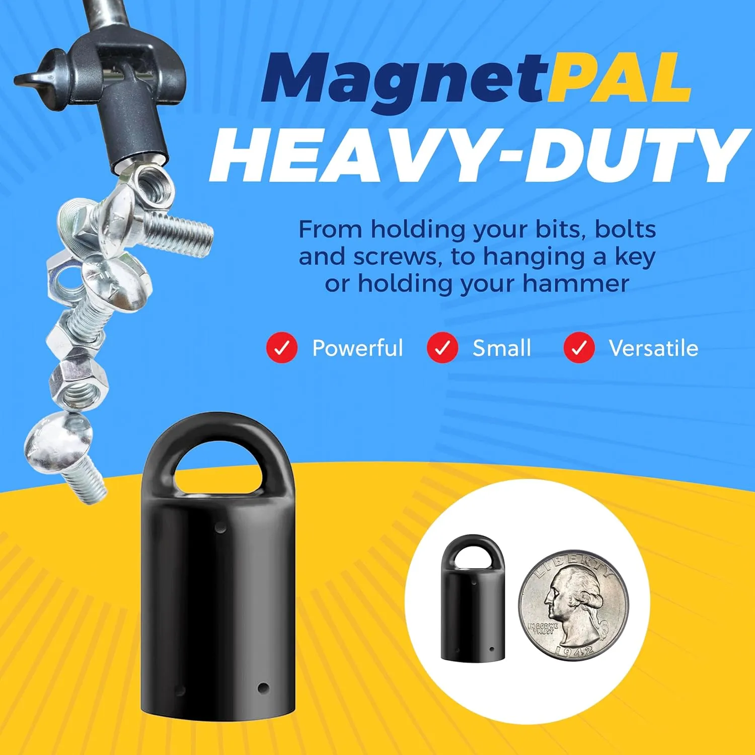 MagnetPAL Neodymium Anti-Rust Magnet, Magnetic Stud Finder, Hide-A-Key, Tool Holder & Retrieval, Magnet 12lb Pull, Indoor or Outdoor Multi Use Tools, Quick Release Keys Yellow
