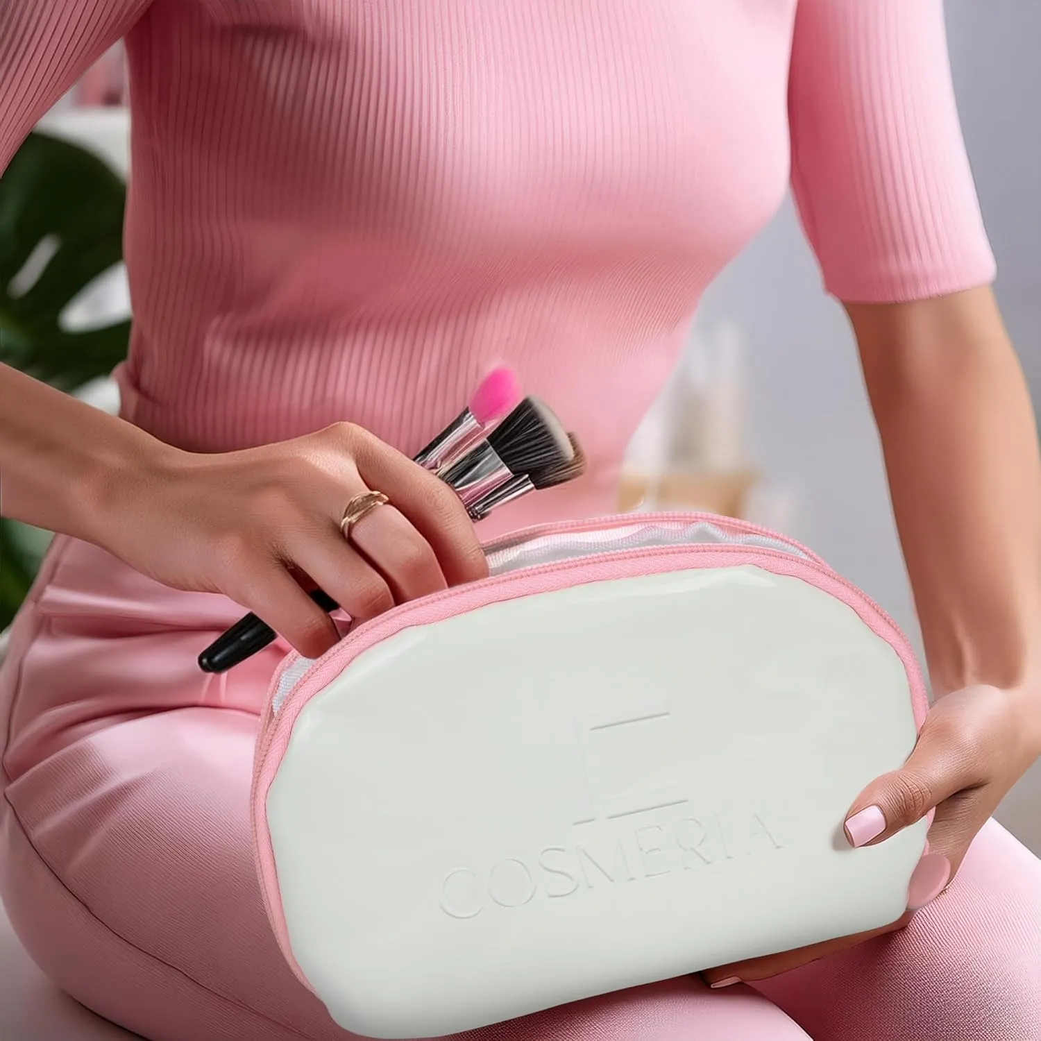 Makeup Bag Organizer & Travel Cosmetic Bag - Toiletry Bag for Women Fits Carry-On and Suitcase - Make Up Faux Patent Leather Pouch with Durable Pink Zipper, Medium
