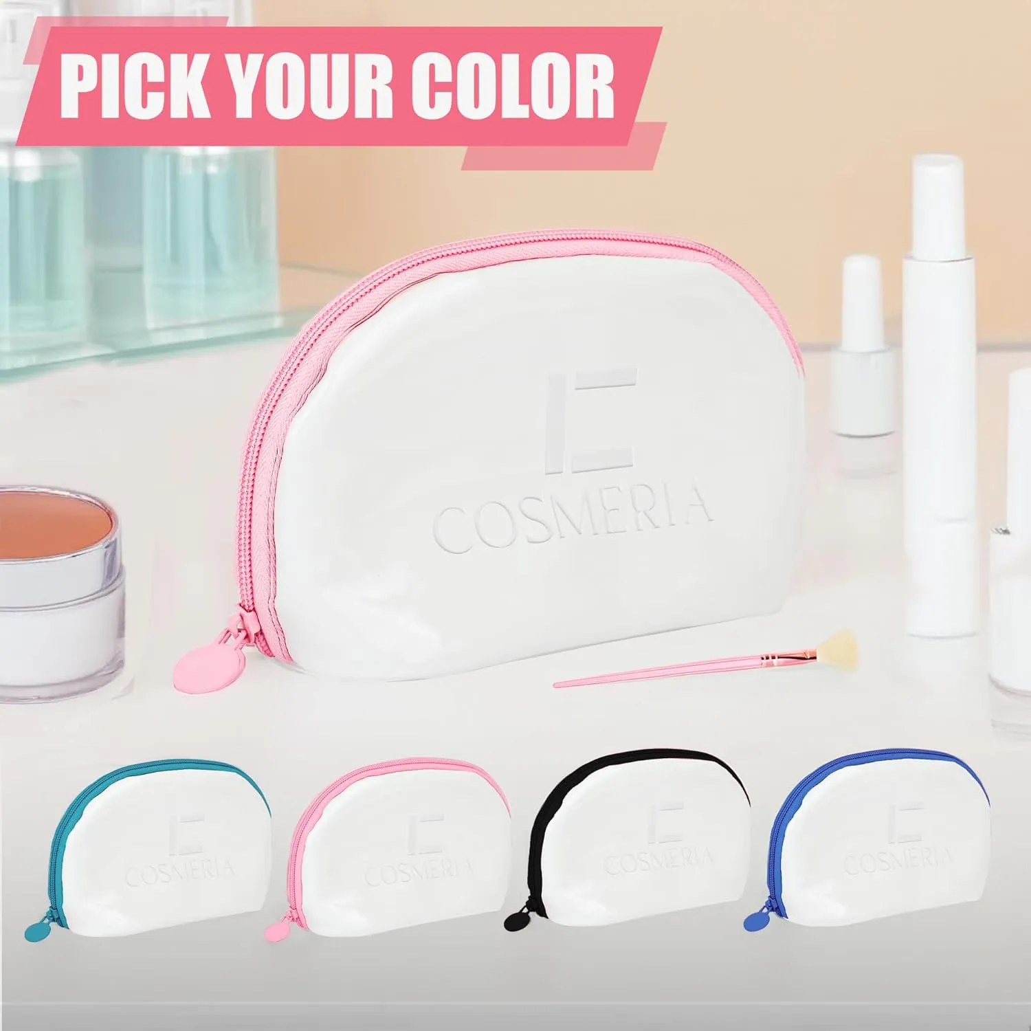 Makeup Bag Organizer & Travel Cosmetic Bag - Toiletry Bag for Women Fits Carry-On and Suitcase - Make Up Faux Patent Leather Pouch with Durable Pink Zipper, Medium