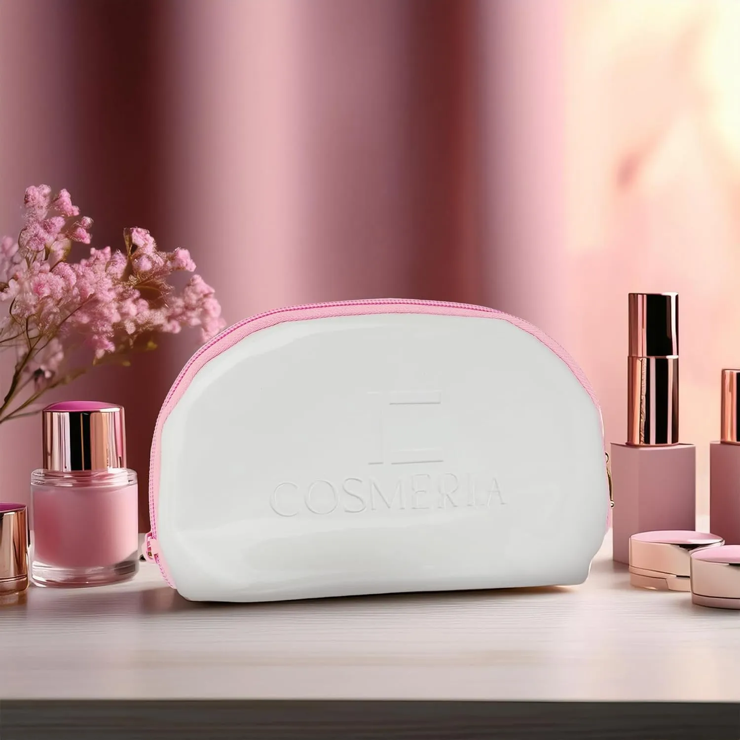 Makeup Bag Organizer & Travel Cosmetic Bag - Toiletry Bag for Women Fits Carry-On and Suitcase - Make Up Faux Patent Leather Pouch with Durable Pink Zipper, Medium