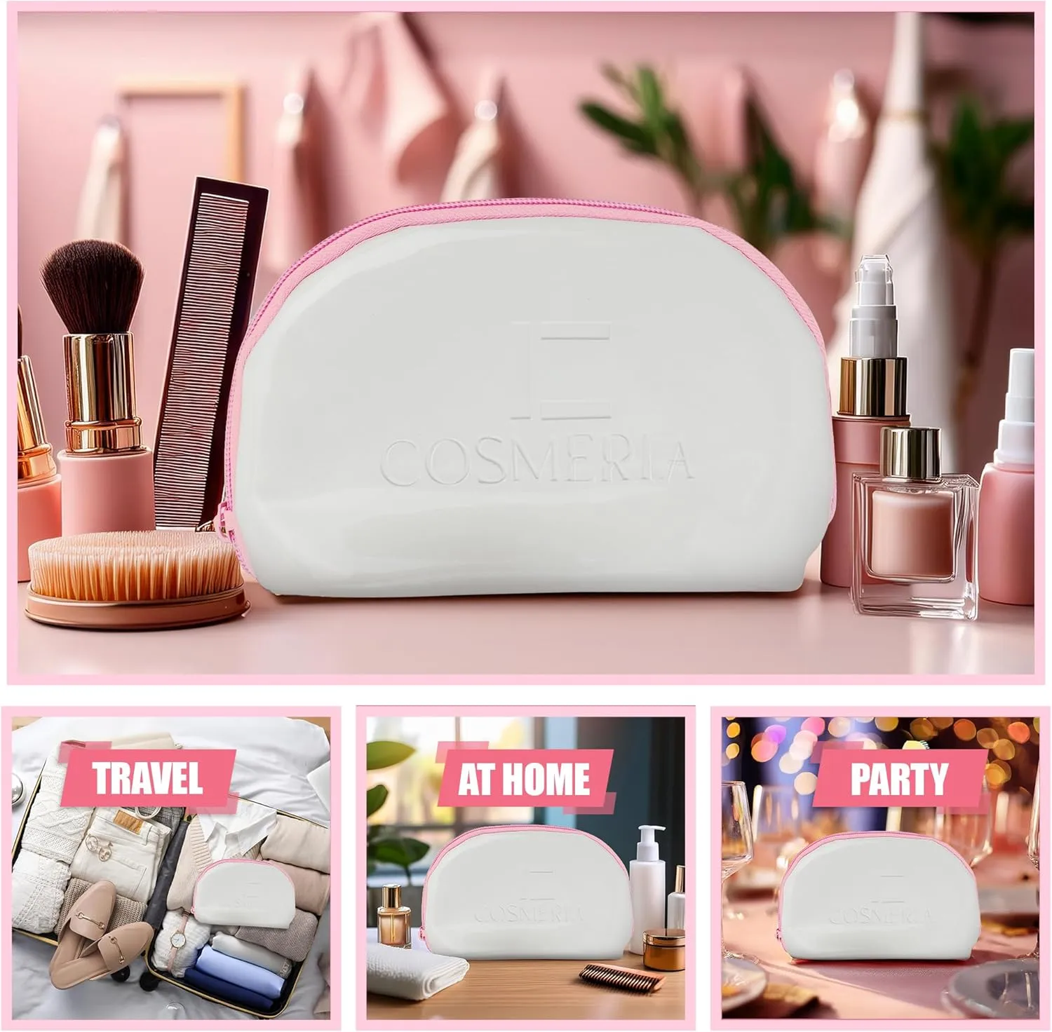 Makeup Bag Organizer & Travel Cosmetic Bag - Toiletry Bag for Women Fits Carry-On and Suitcase - Make Up Faux Patent Leather Pouch with Durable Pink Zipper, Medium