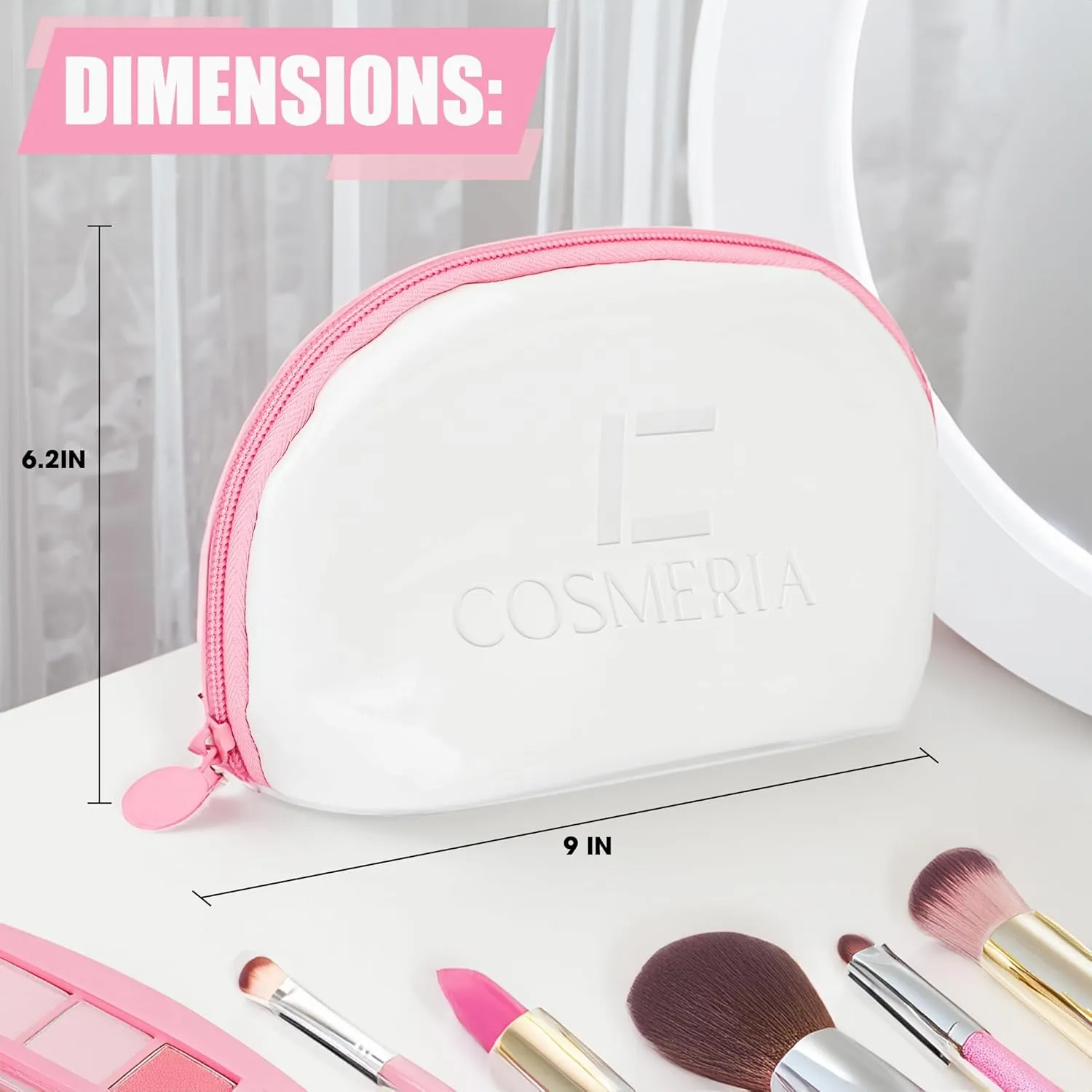 Makeup Bag Organizer & Travel Cosmetic Bag - Toiletry Bag for Women Fits Carry-On and Suitcase - Make Up Faux Patent Leather Pouch with Durable Pink Zipper, Medium