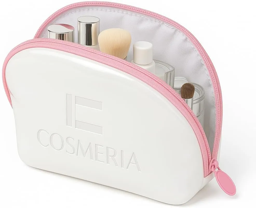 Makeup Bag Organizer & Travel Cosmetic Bag - Toiletry Bag for Women Fits Carry-On and Suitcase - Make Up Faux Patent Leather Pouch with Durable Pink Zipper, Medium